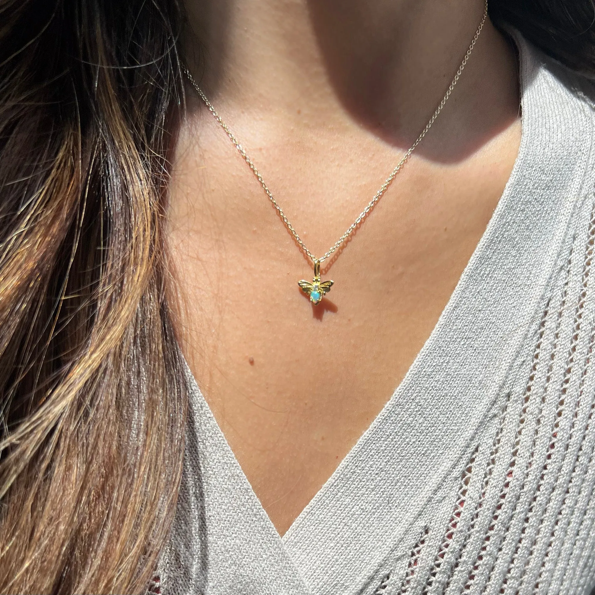 Mini Opal Bee Charm Necklace