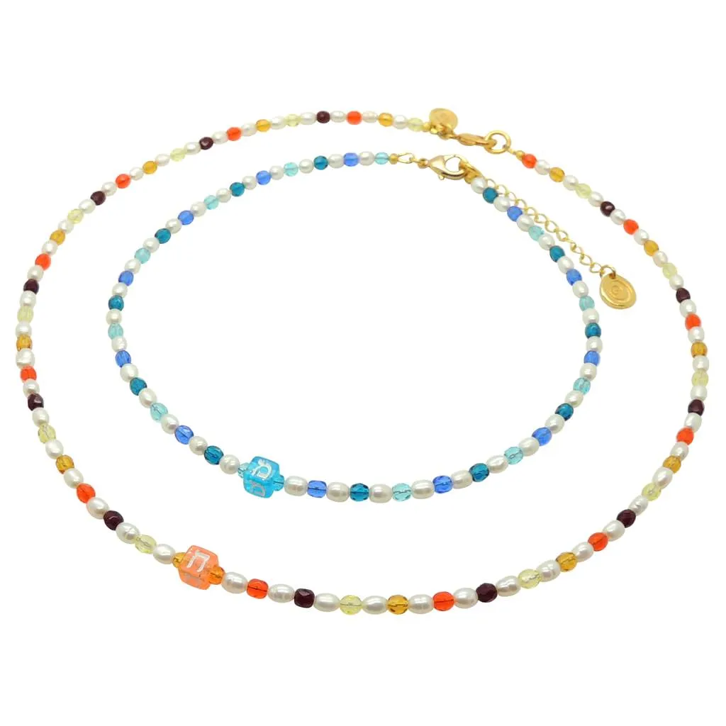 Multicolour Alef Bet Hebrew Initial Charm Freshwater Pearl Glass Crystal Bead Duo Choker