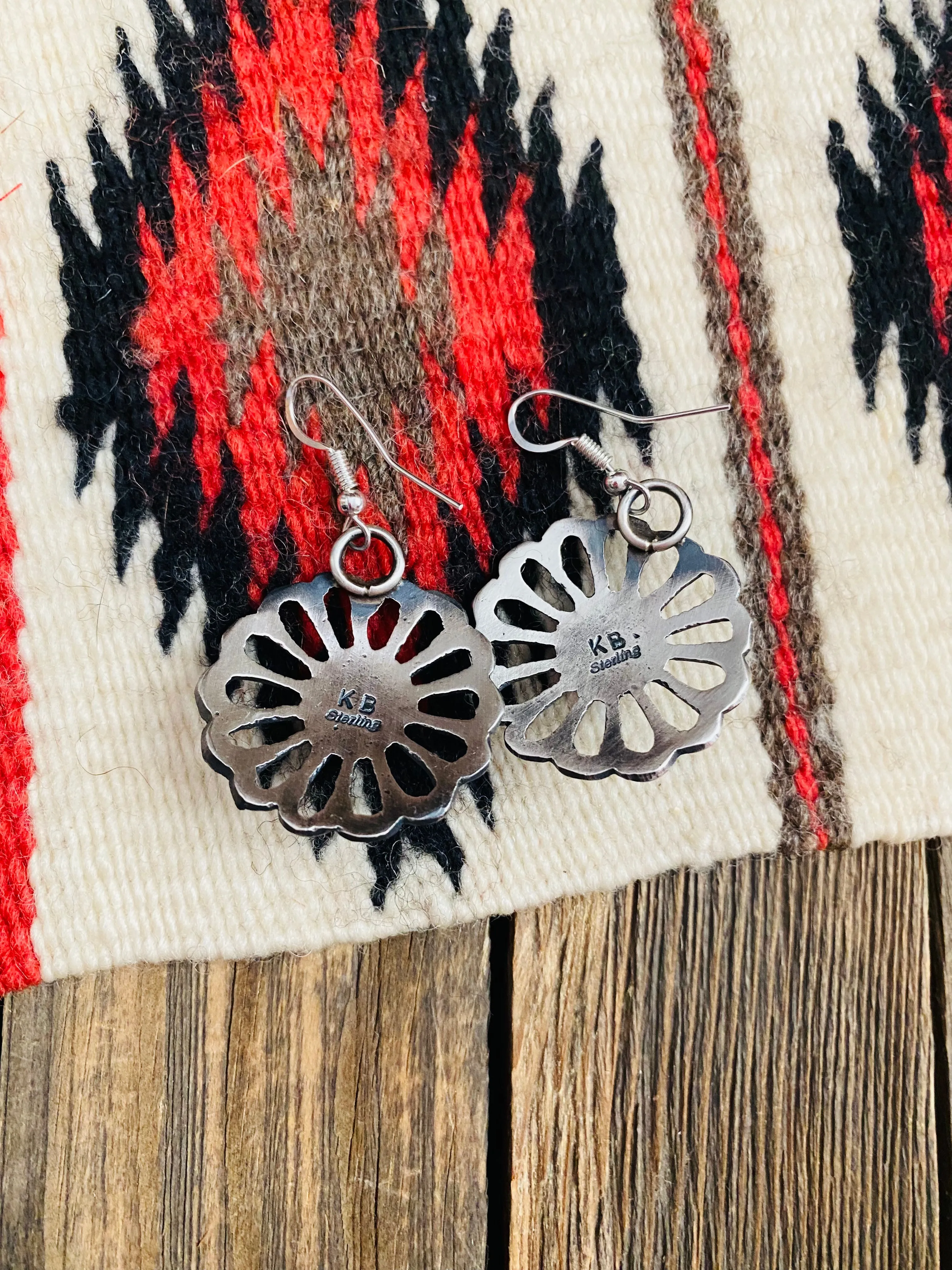 Navajo Coral & Sterling Silver Flower Dangle Earrings By Kevin Billah