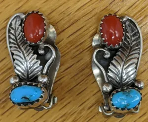 Navajo Stabilized Turquoise and Coral Clip Earrings Hallmarked YB