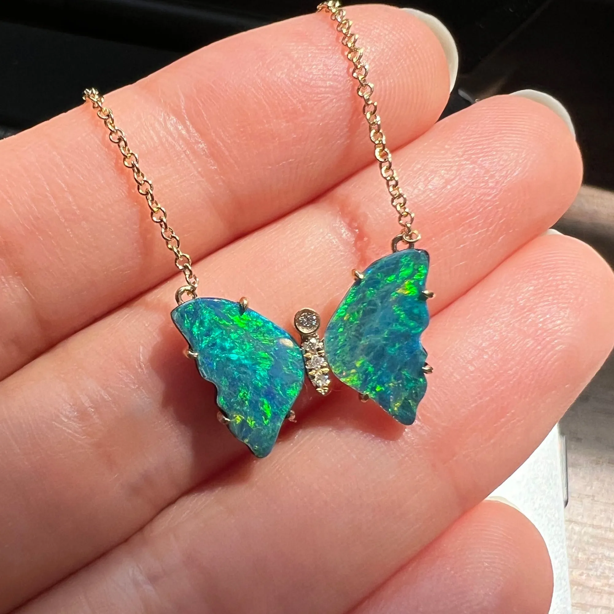 Opal Butterfly Necklace with Diamonds and Prongs - Earth Green