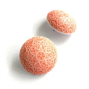 Orange & White Heart Retro Button Stud Earrings