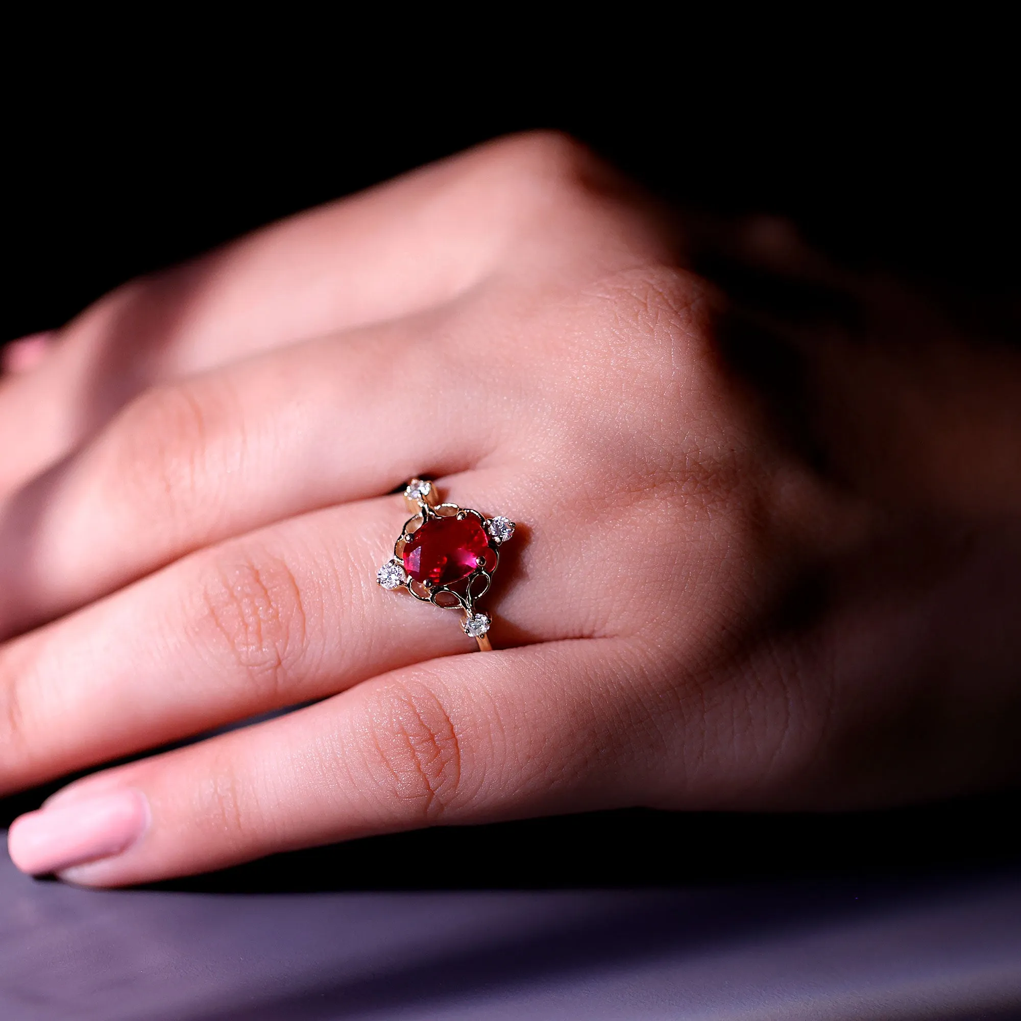 Oval Cut Created Ruby Solitaire Cocktail Ring with Diamond