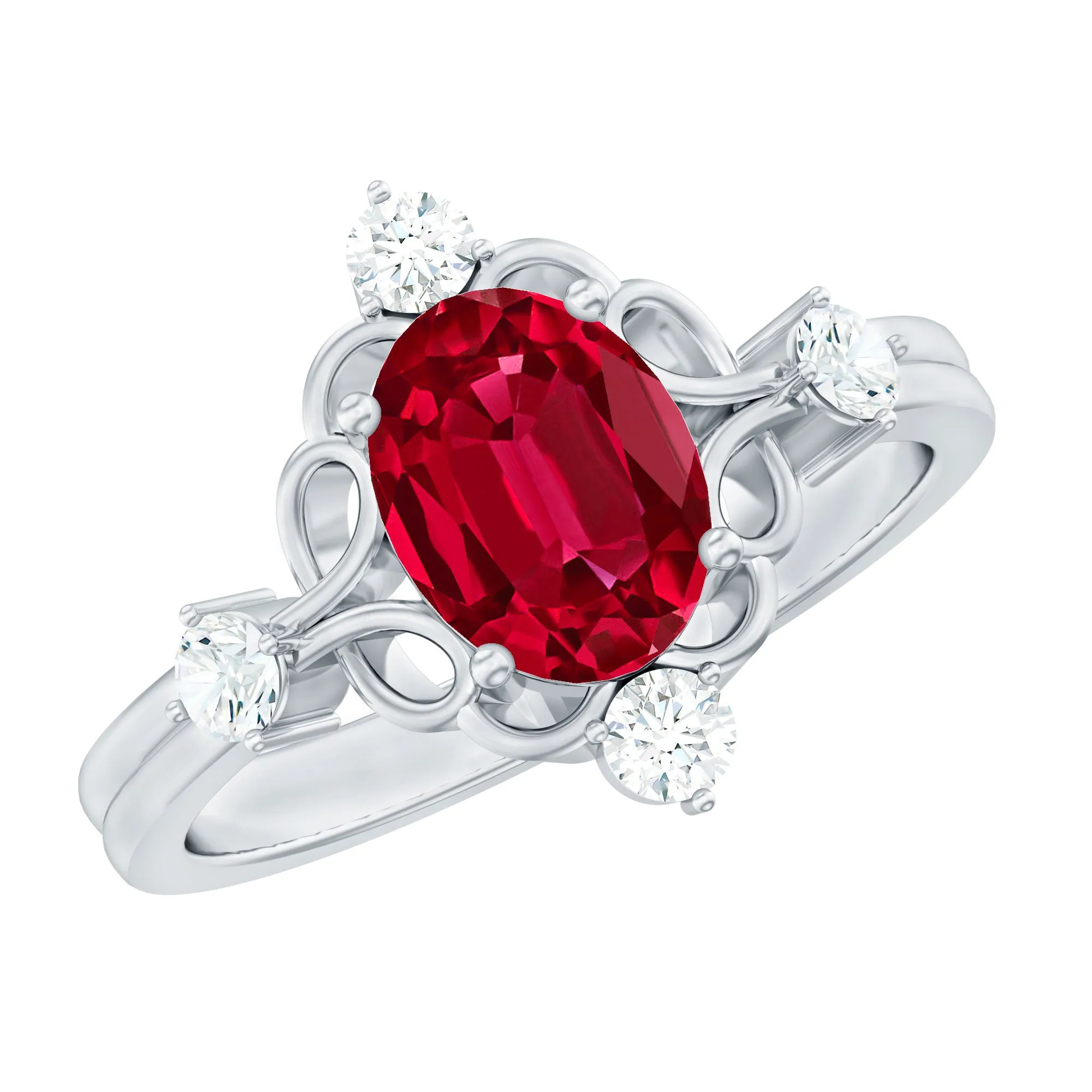 Oval Cut Created Ruby Solitaire Cocktail Ring with Diamond