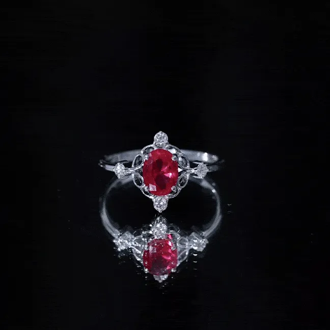 Oval Cut Created Ruby Solitaire Cocktail Ring with Diamond