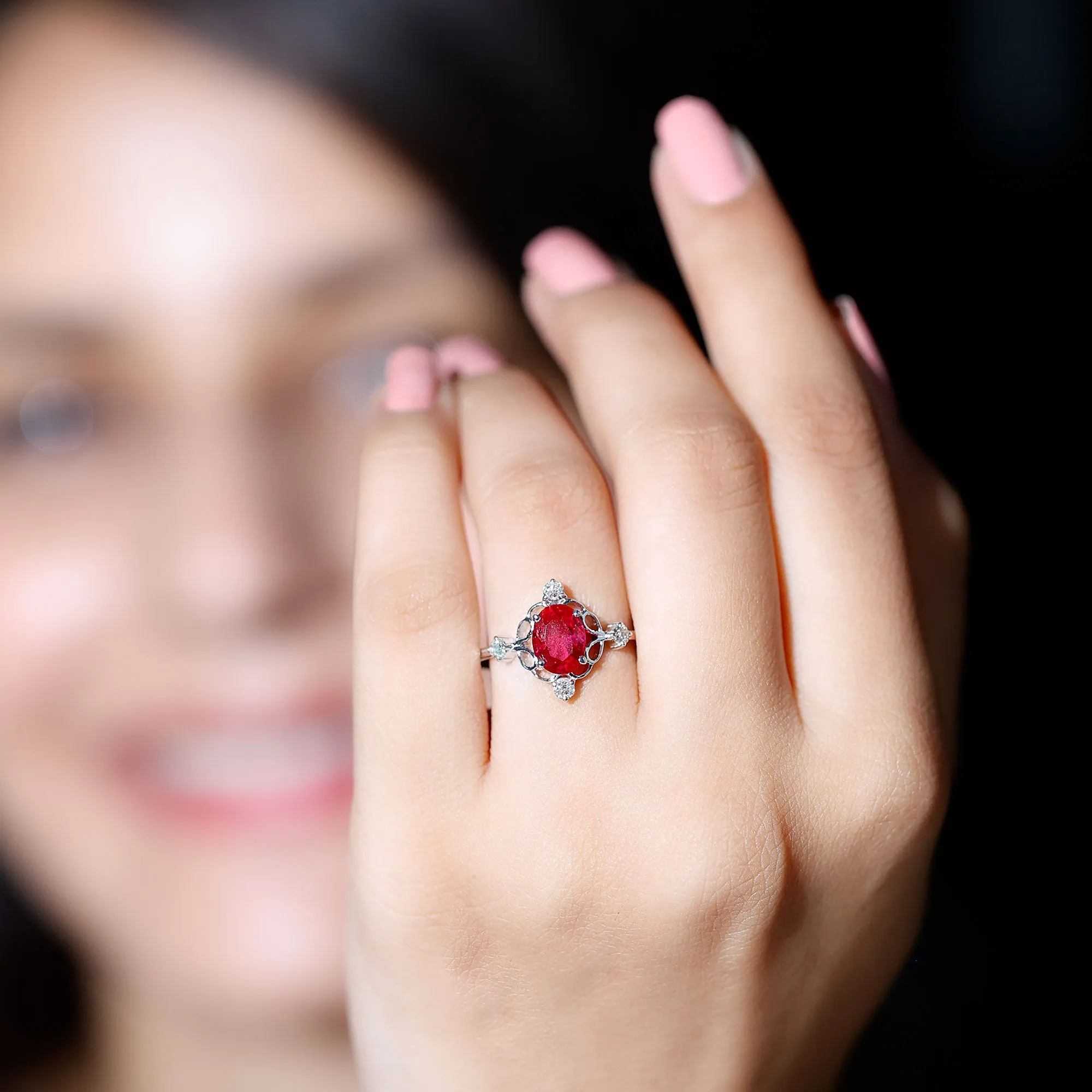 Oval Cut Created Ruby Solitaire Cocktail Ring with Diamond