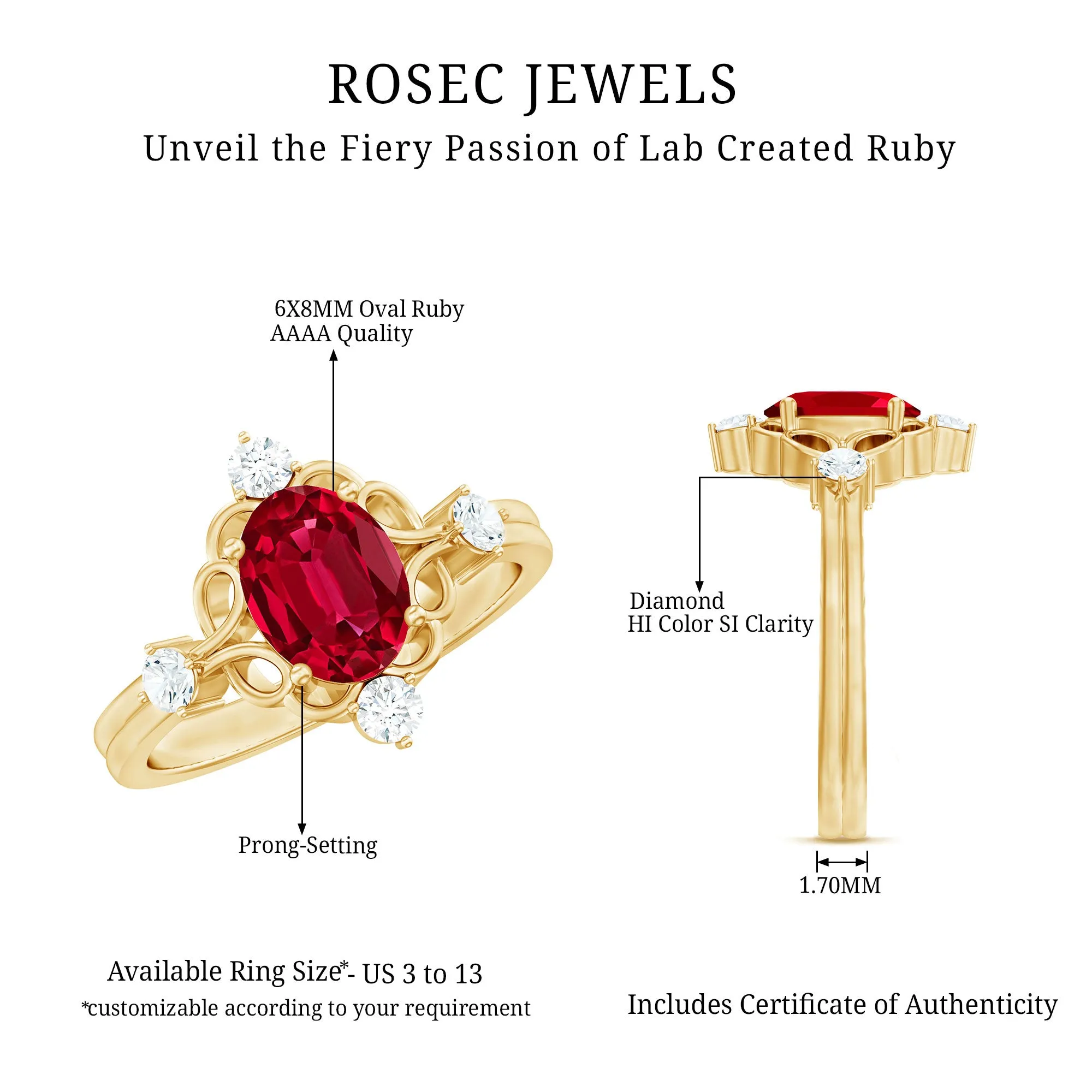 Oval Cut Created Ruby Solitaire Cocktail Ring with Diamond