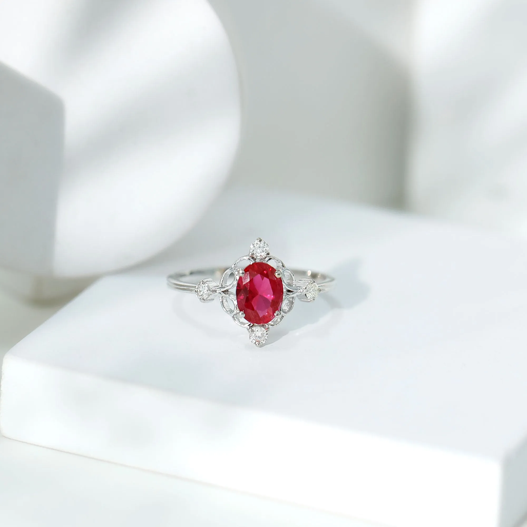 Oval Cut Created Ruby Solitaire Cocktail Ring with Diamond