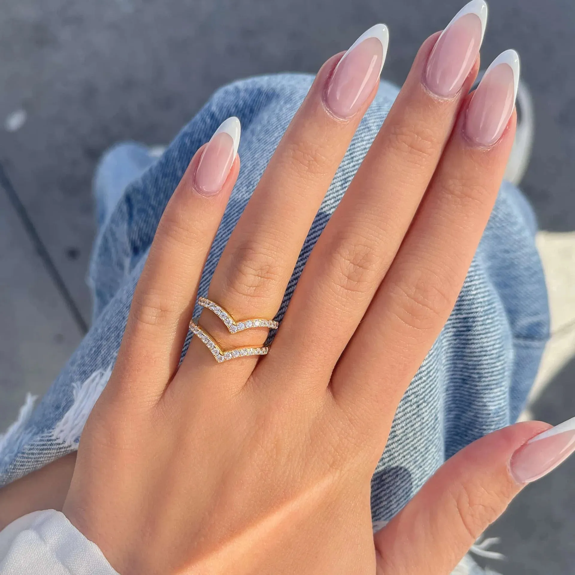 Pavé V-Shaped Chevron Wishbone Eternity Ring Set - Gold