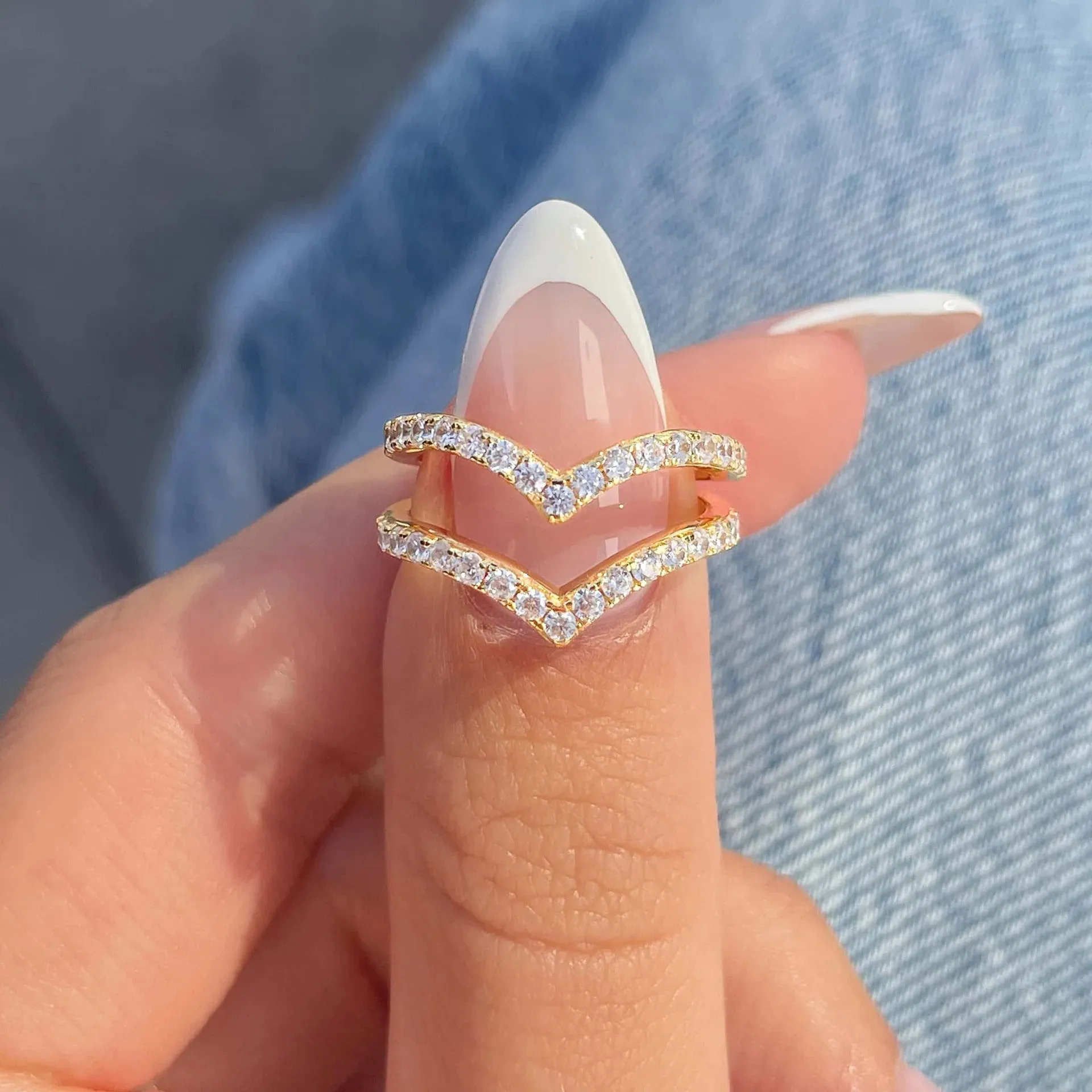 Pavé V-Shaped Chevron Wishbone Eternity Ring Set - Gold