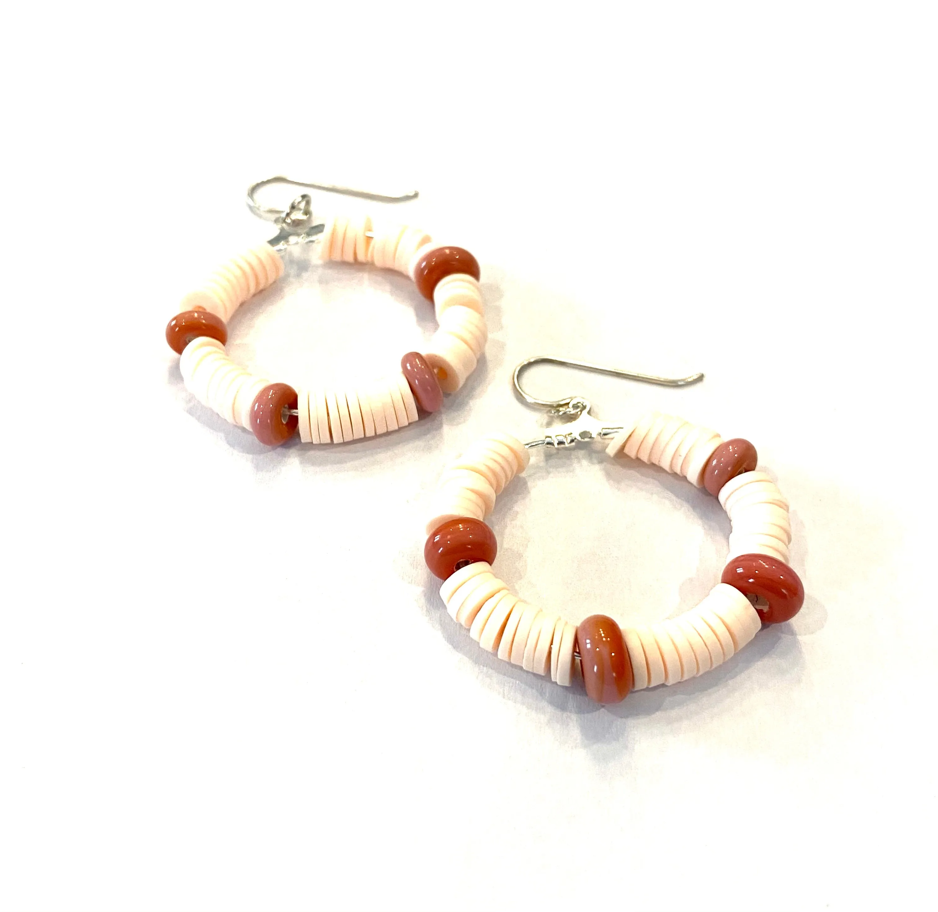 Peach Heishi and Coral Glass Beaded Hoop Earrings