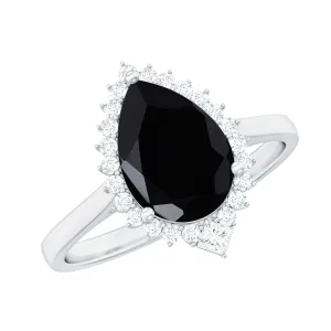 Pear Shaped Black Onyx and Diamond Halo Cocktail Engagement Ring