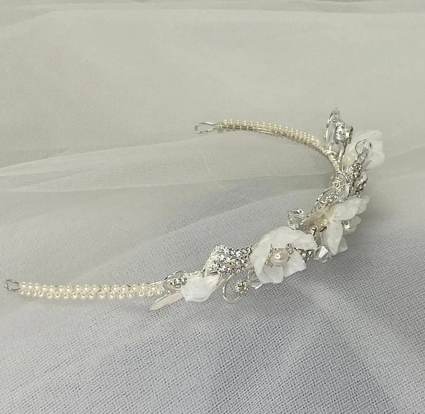 Pearl Crystal Bridal Tiara, floral crystal brides classical, Bride silver and crystal bride floral tiara, Minimalist Bride Silver Tiara