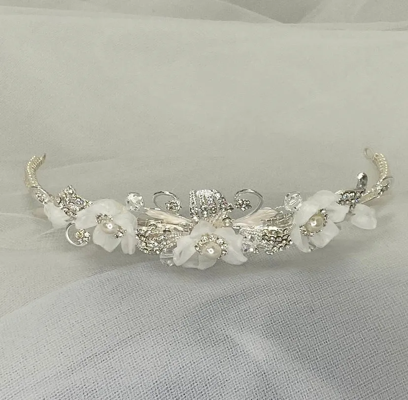 Pearl Crystal Bridal Tiara, floral crystal brides classical, Bride silver and crystal bride floral tiara, Minimalist Bride Silver Tiara