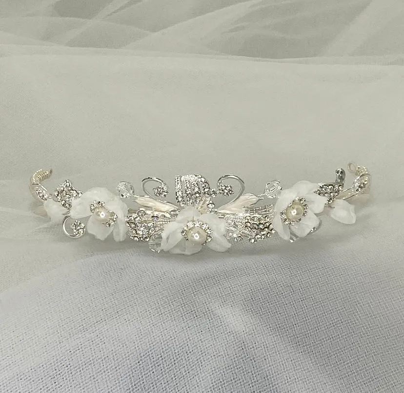 Pearl Crystal Bridal Tiara, floral crystal brides classical, Bride silver and crystal bride floral tiara, Minimalist Bride Silver Tiara