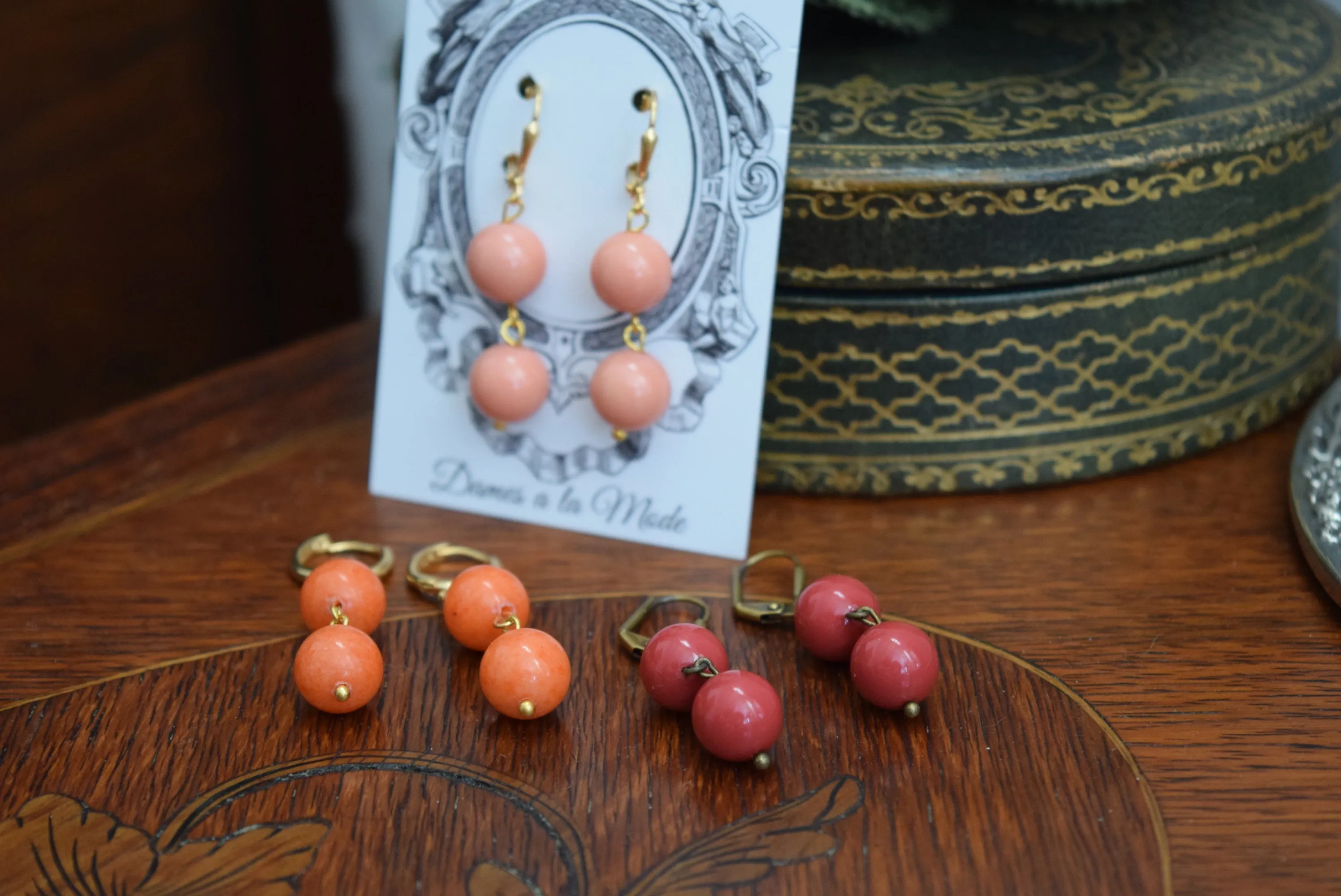 Pink Coral Earrings - Double Bead Hoop