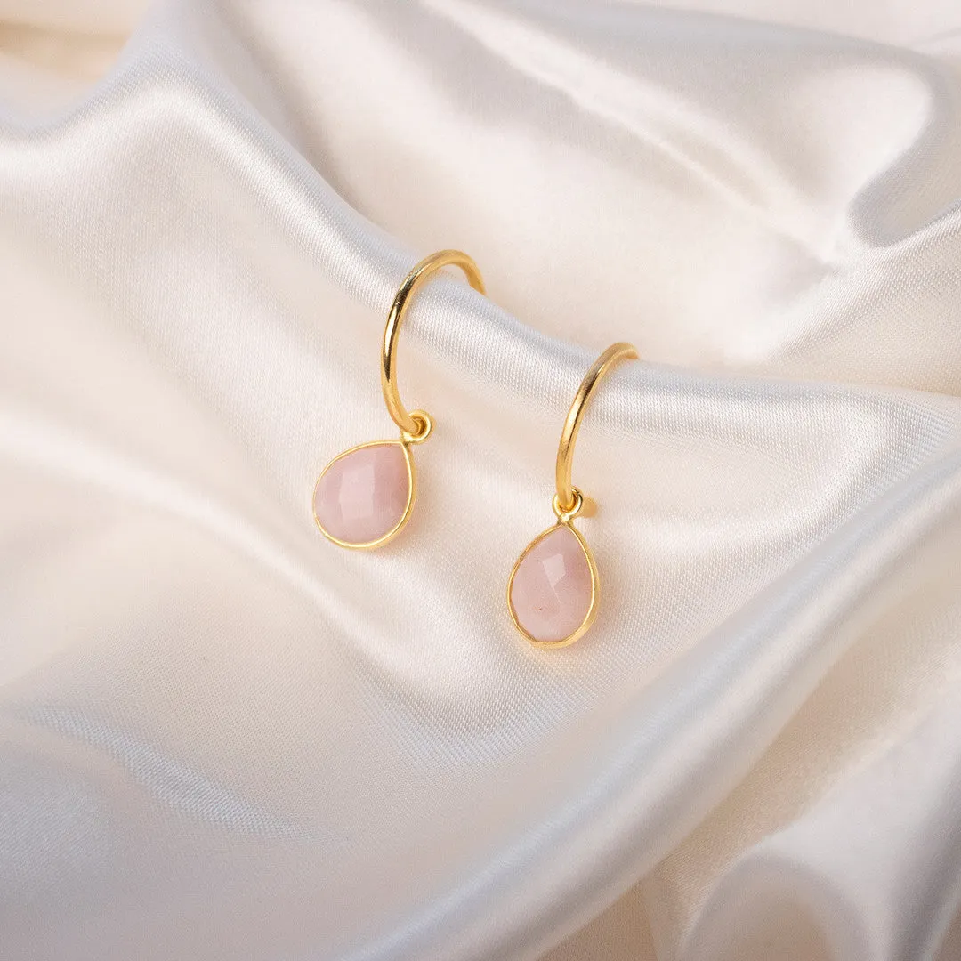 Pink Opal Drop Hoop Earrings | Gold - October