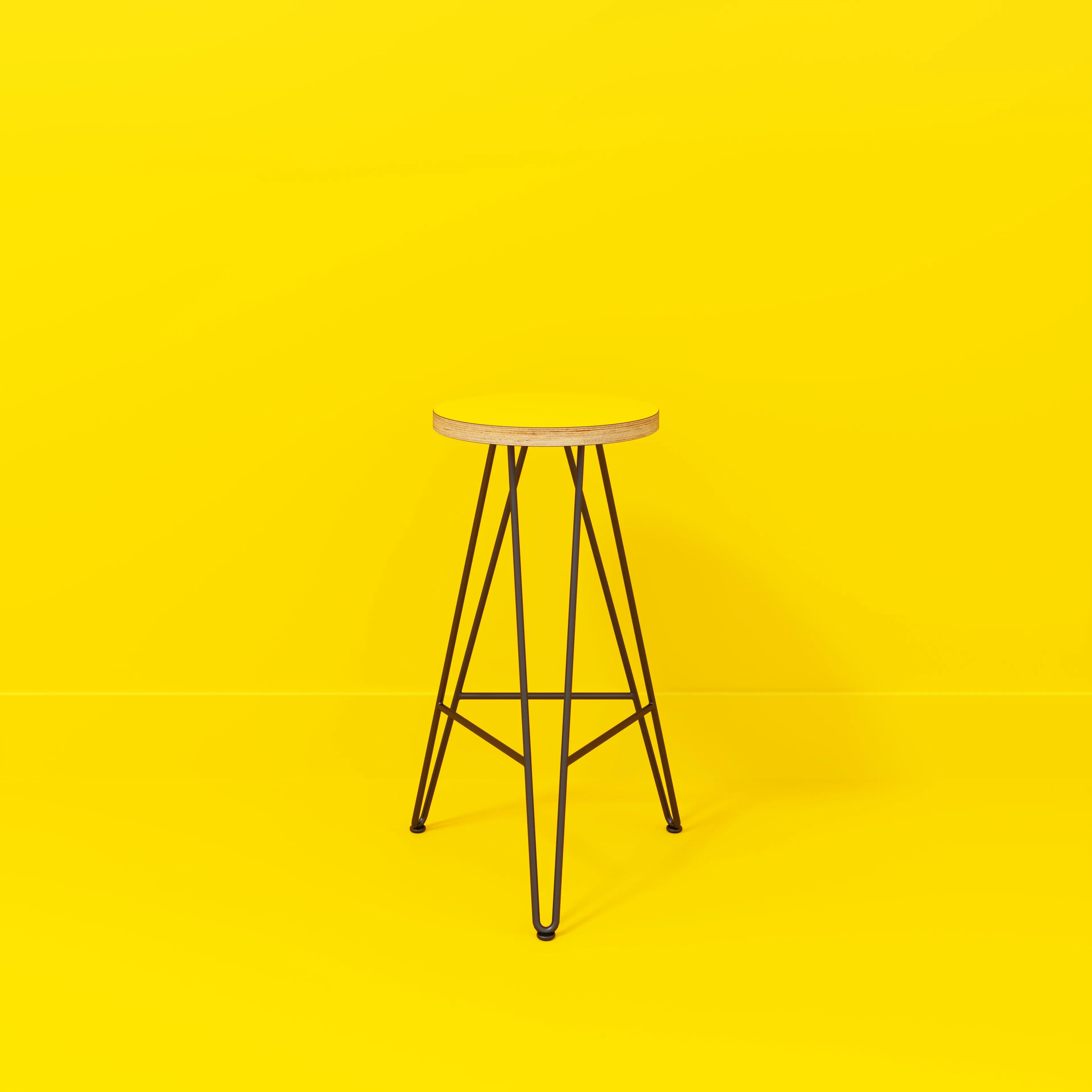 Plywood Bar Stool with Black Hairpin Base - Formica Chrome Yellow