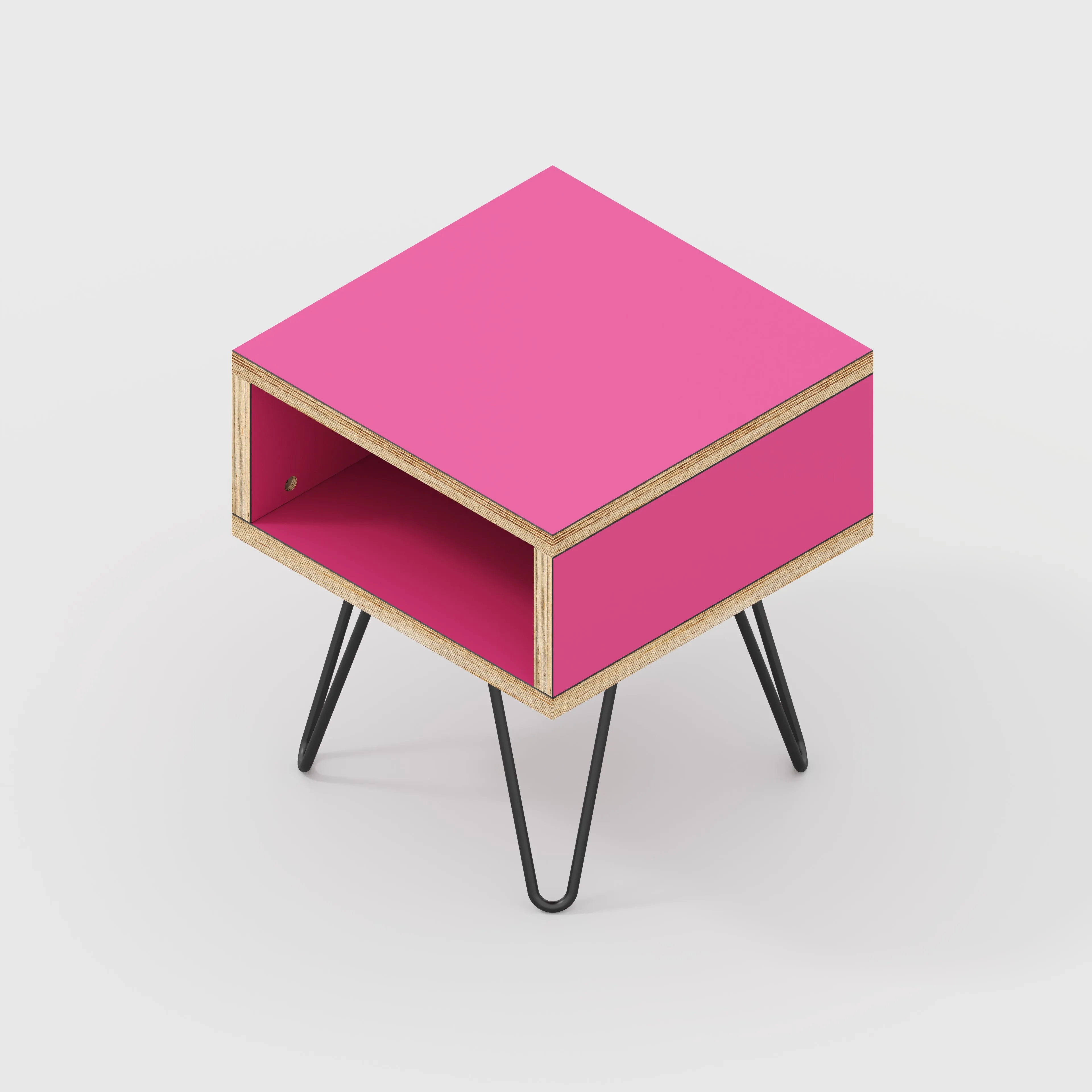 Plywood Bedside Table with Box Storage and Black Hairpin Legs - Formica Juicy Pink - 400(w) x 400(d) x 450(h)