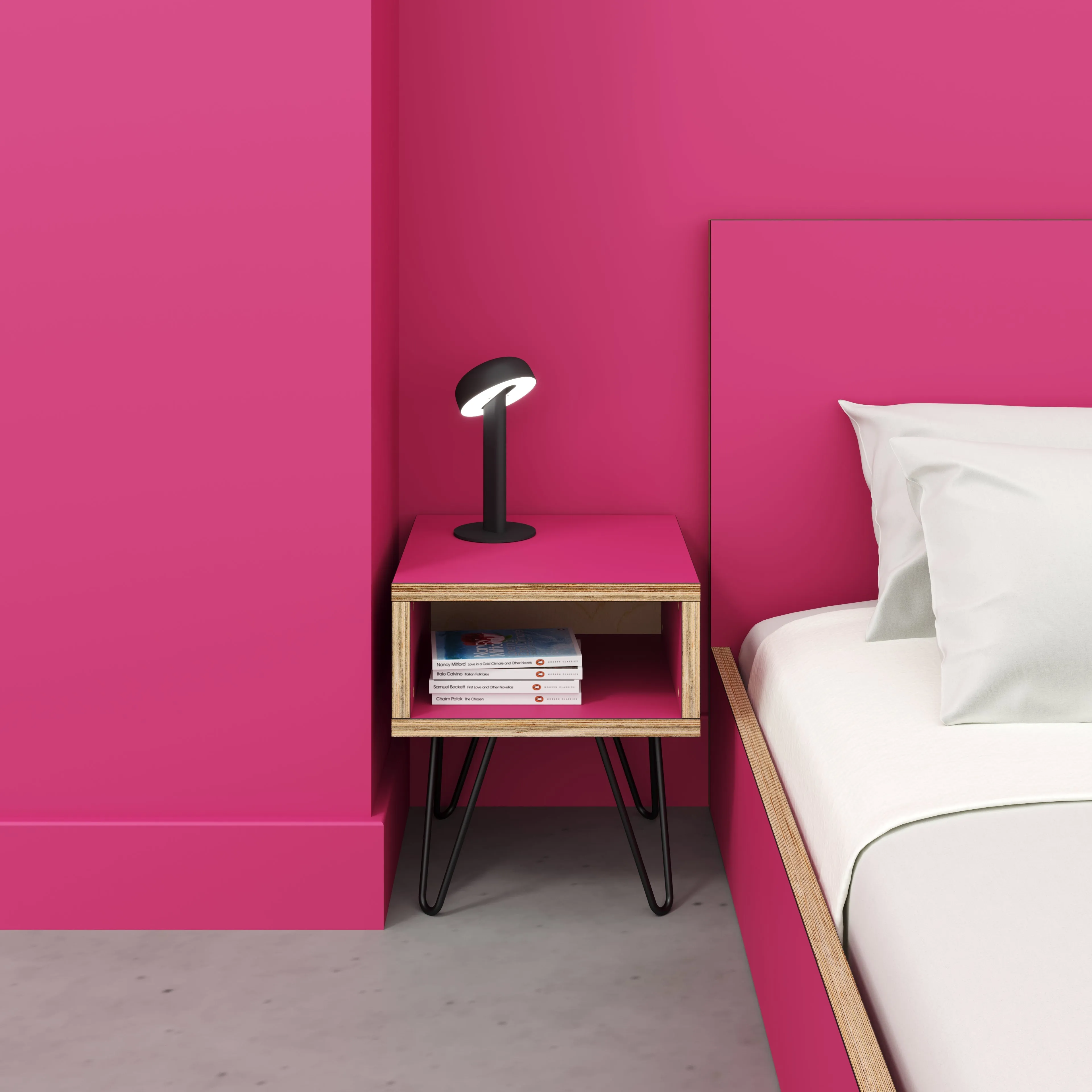 Plywood Bedside Table with Box Storage and Black Hairpin Legs - Formica Juicy Pink - 400(w) x 400(d) x 450(h)