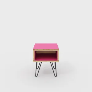 Plywood Bedside Table with Box Storage and Black Hairpin Legs - Formica Juicy Pink - 400(w) x 400(d) x 450(h)