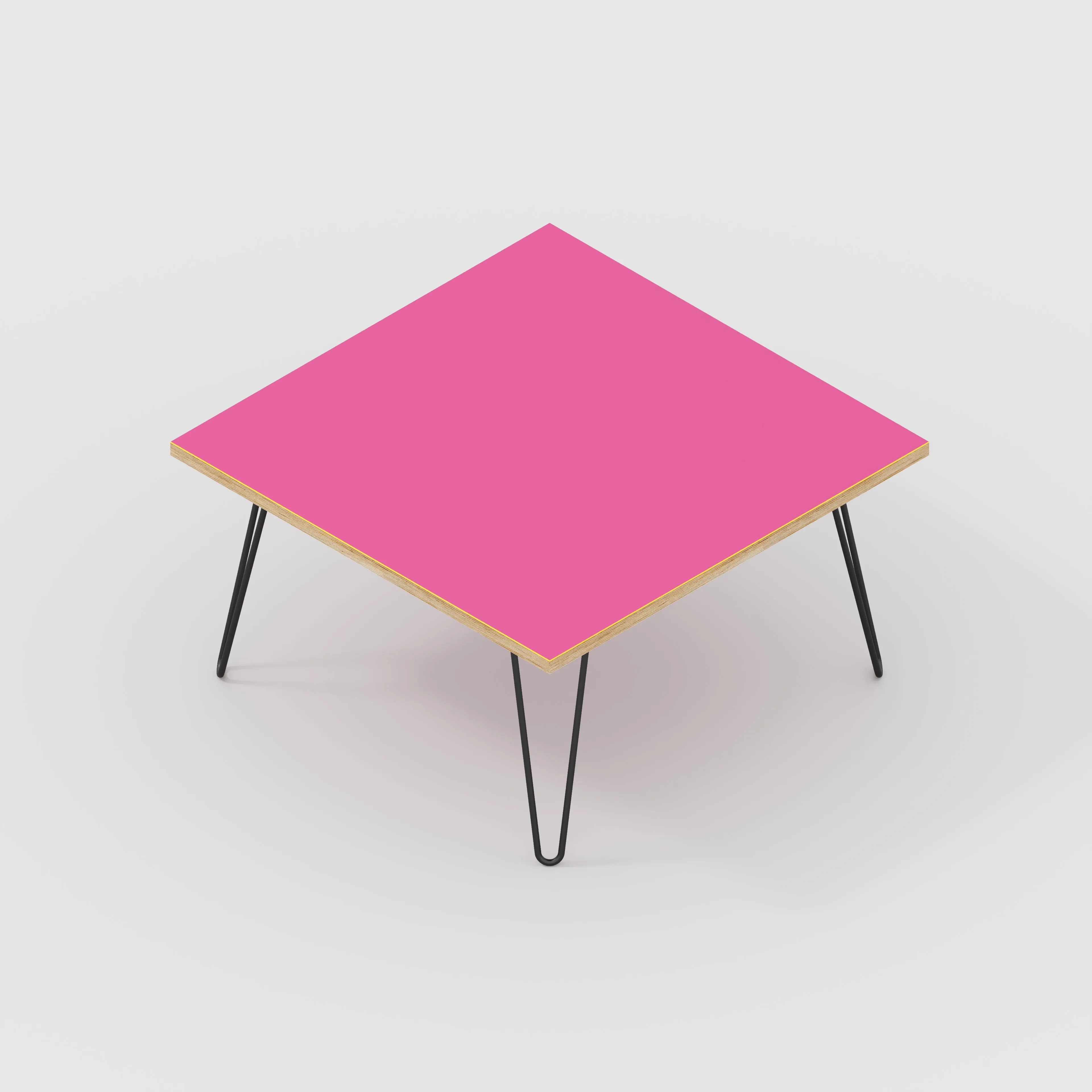 Plywood Coffee Table with Black Hairpin Legs - Formica Juicy Pink - 800(w) x 800(d) x 425(h)