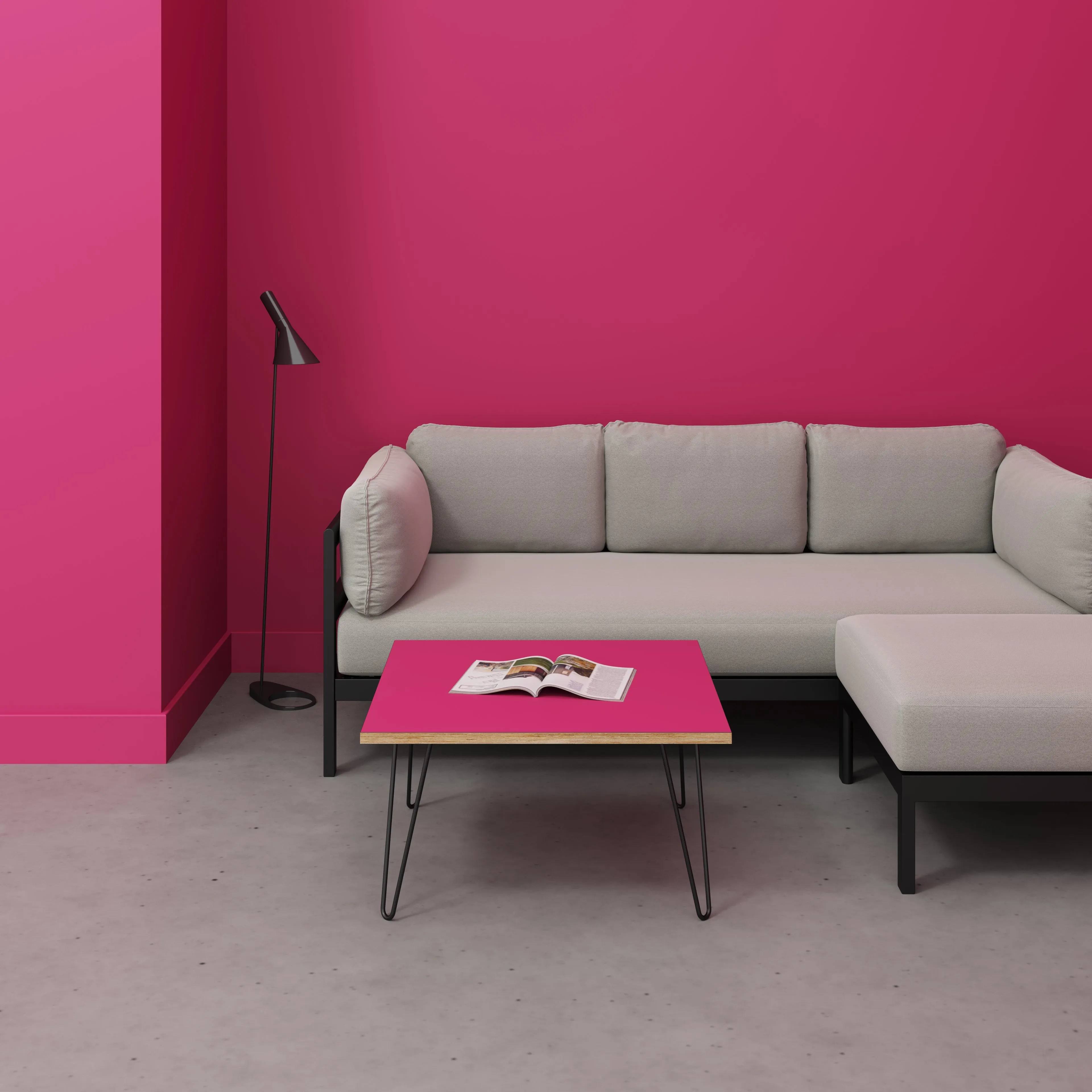 Plywood Coffee Table with Black Hairpin Legs - Formica Juicy Pink - 800(w) x 800(d) x 425(h)