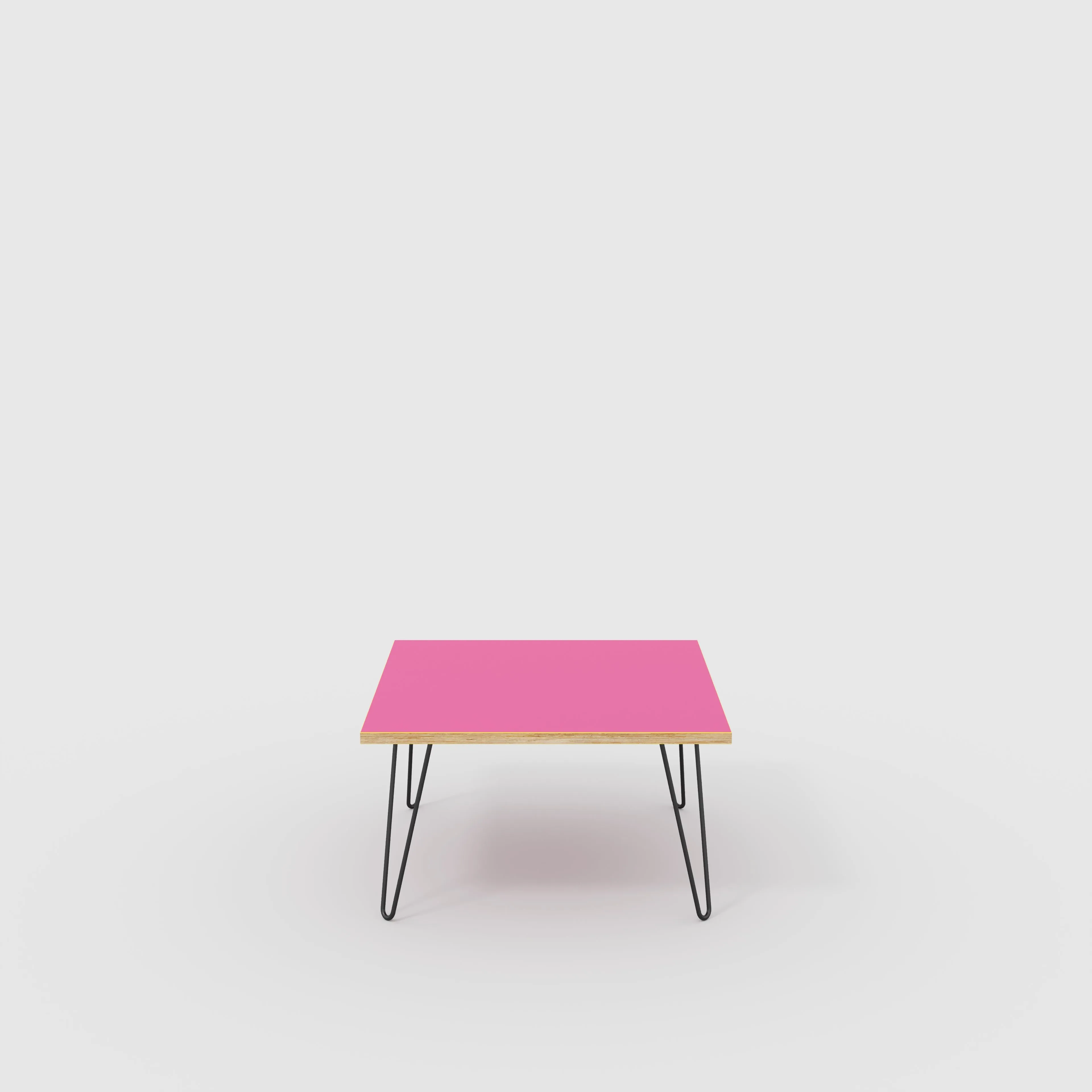 Plywood Coffee Table with Black Hairpin Legs - Formica Juicy Pink - 800(w) x 800(d) x 425(h)