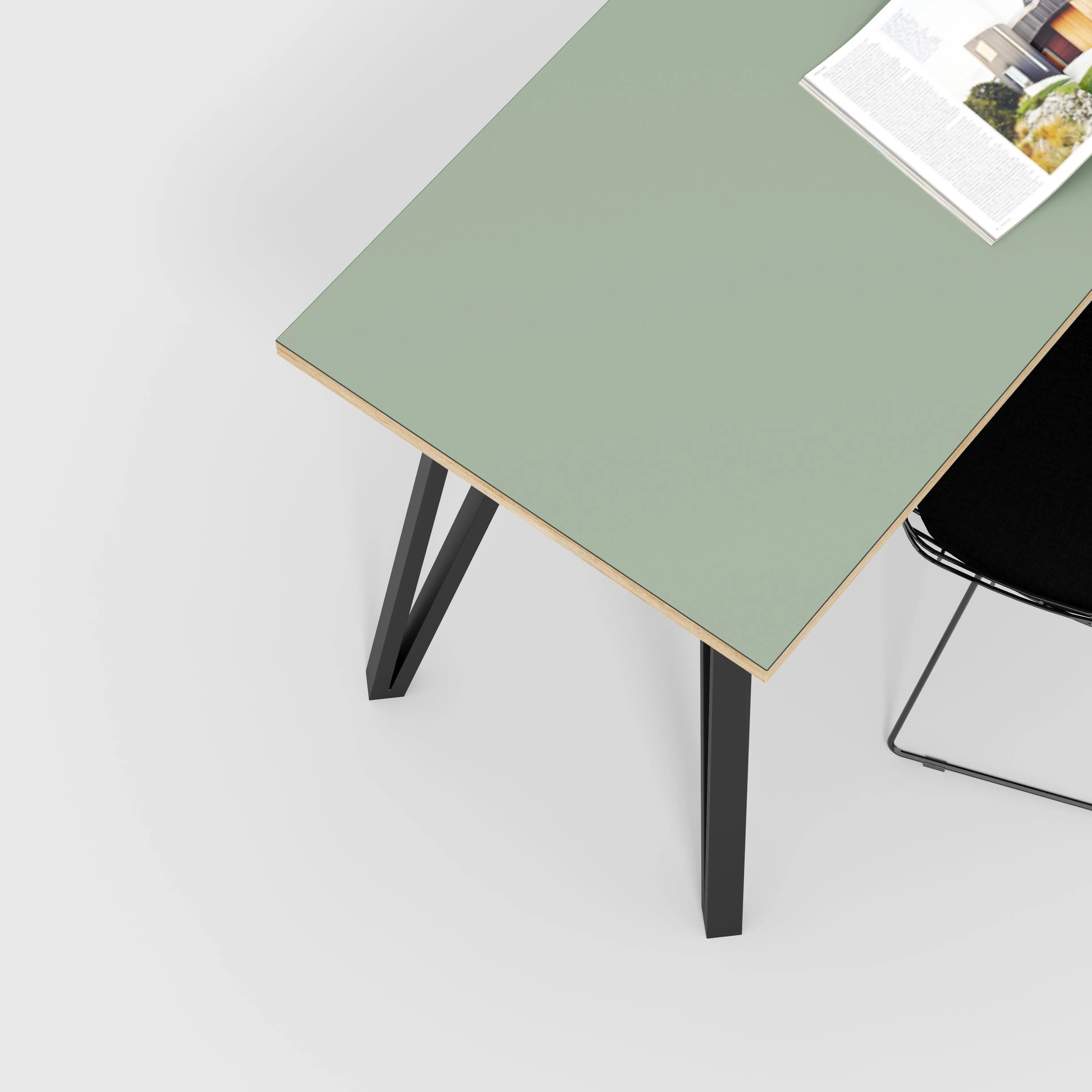 Plywood Desk with Black Box Hairpin Legs - Formica Green Slate - 1600(w) x 800(d) x 735(h)