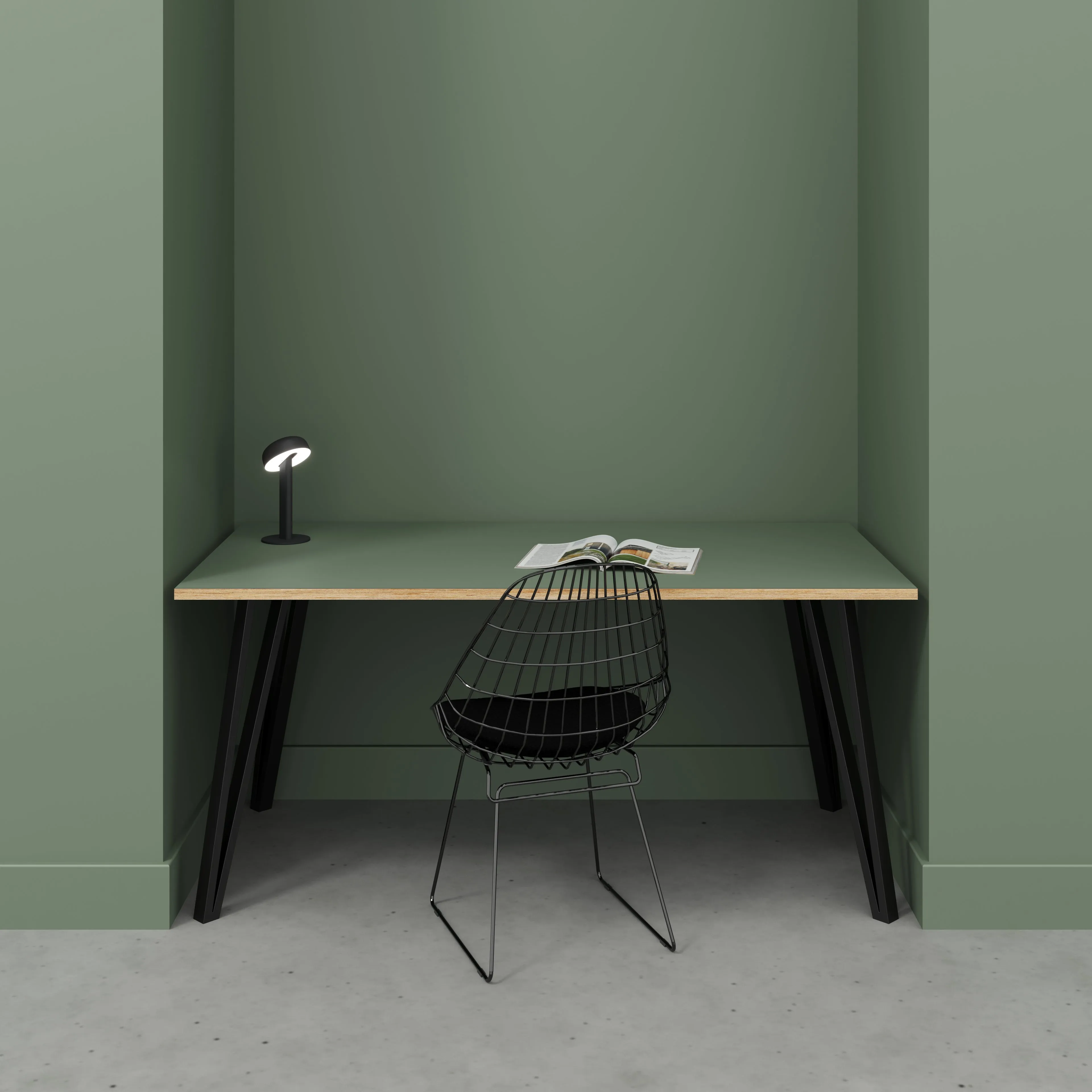 Plywood Desk with Black Box Hairpin Legs - Formica Green Slate - 1600(w) x 800(d) x 735(h)