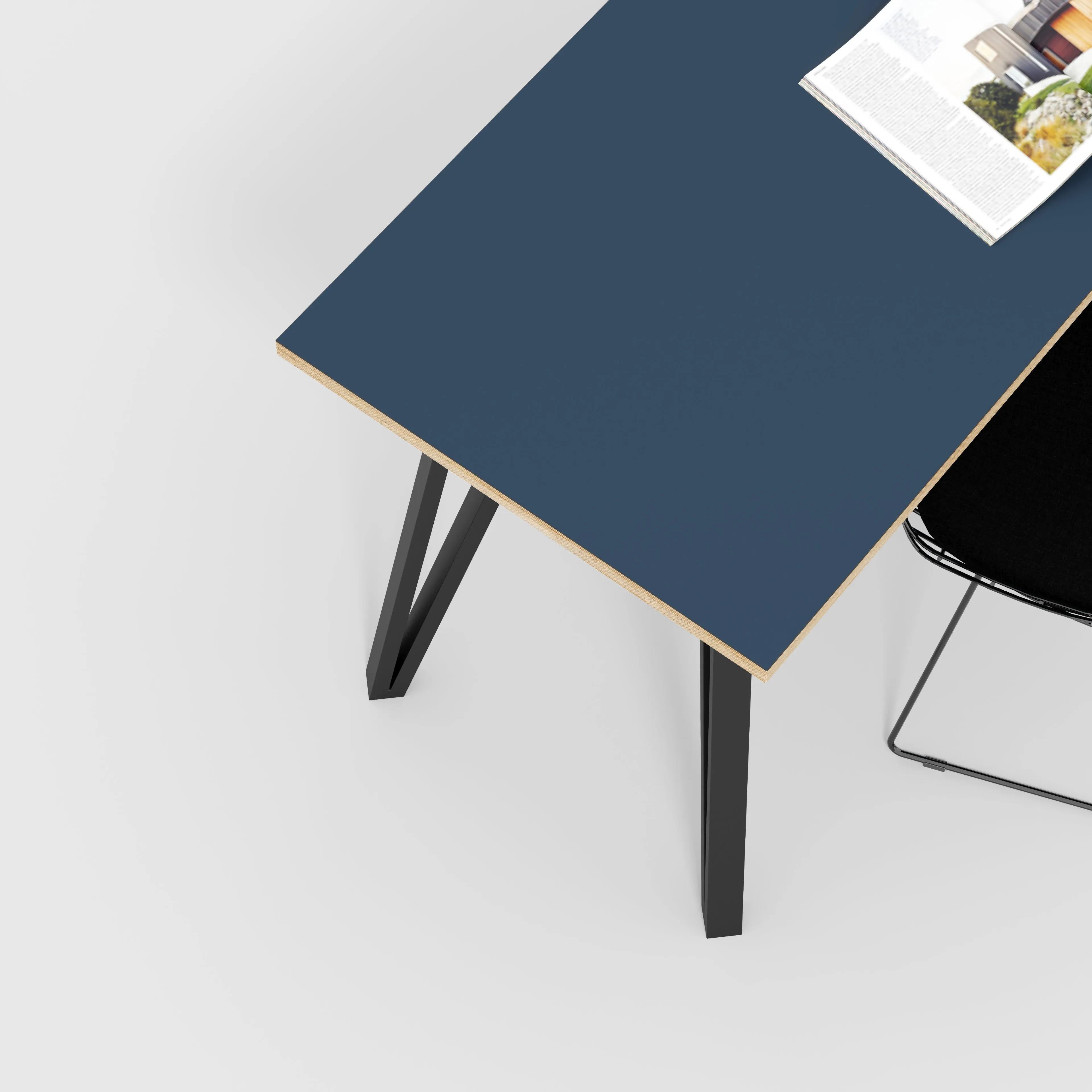 Plywood Desk with Black Box Hairpin Legs - Formica Night Sea Blue - 1600(w) x 800(d) x 735(h)