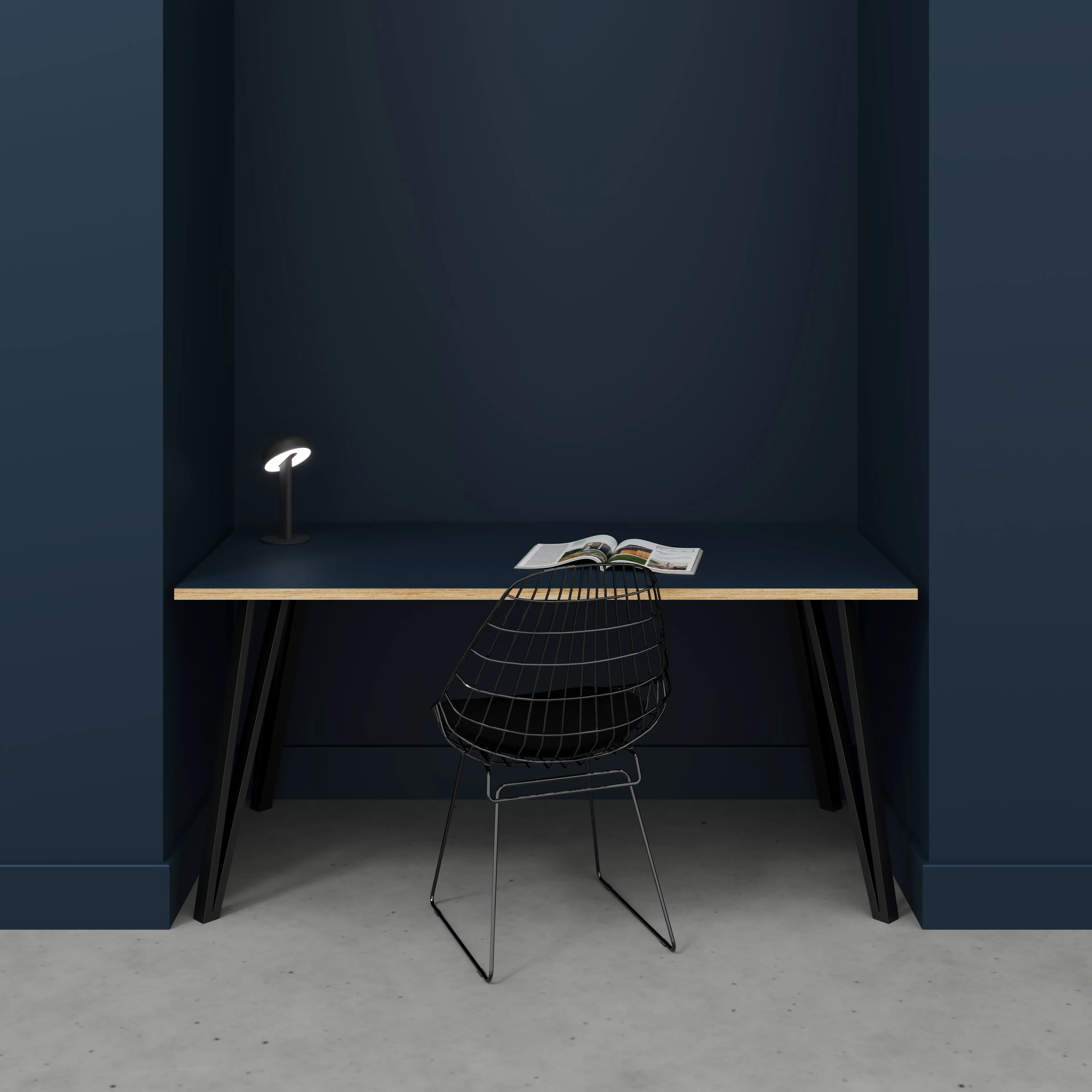 Plywood Desk with Black Box Hairpin Legs - Formica Night Sea Blue - 1600(w) x 800(d) x 735(h)