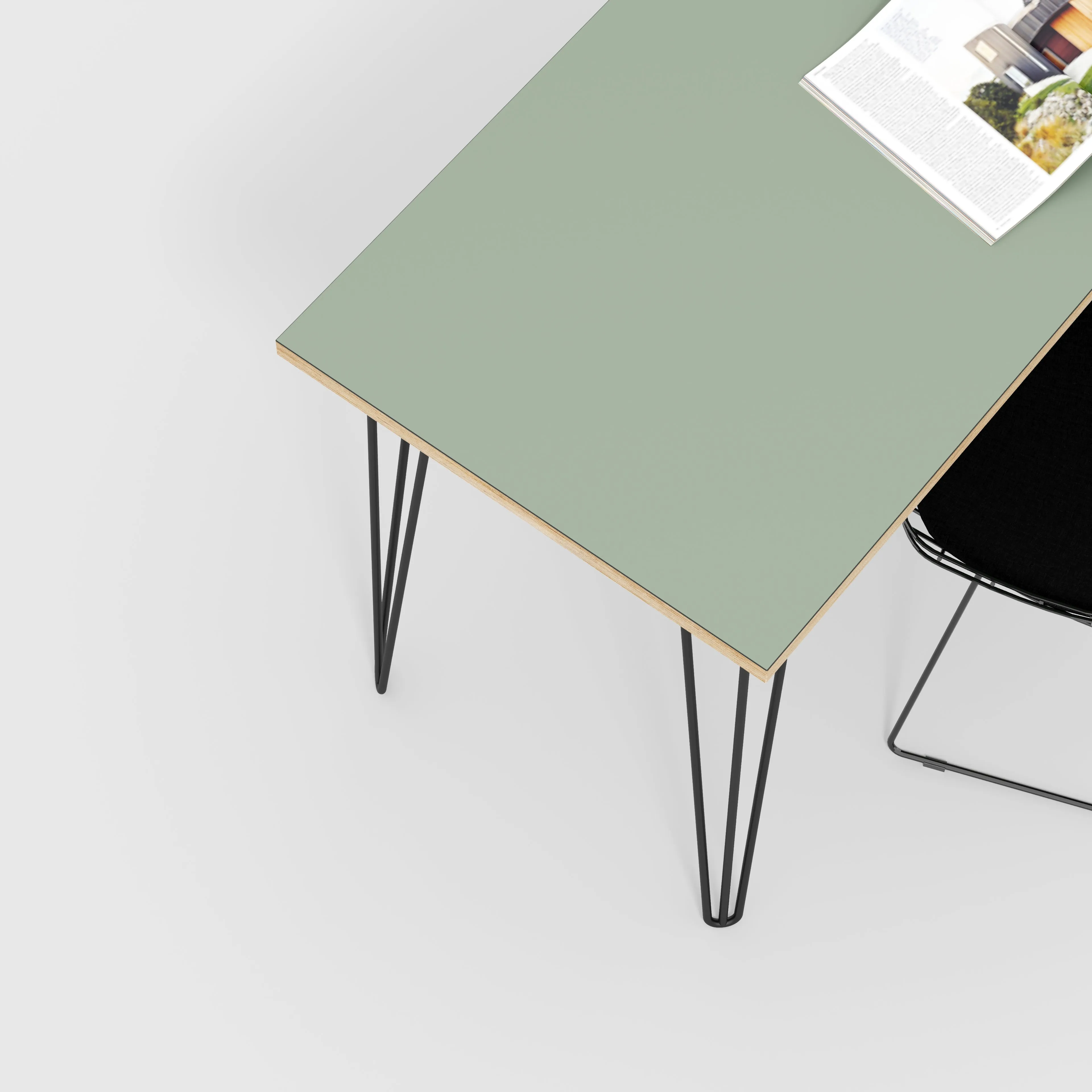 Plywood Desk with Black Hairpin Legs - Formica Green Slate - 1200(w) x 600(d) x 735(h)