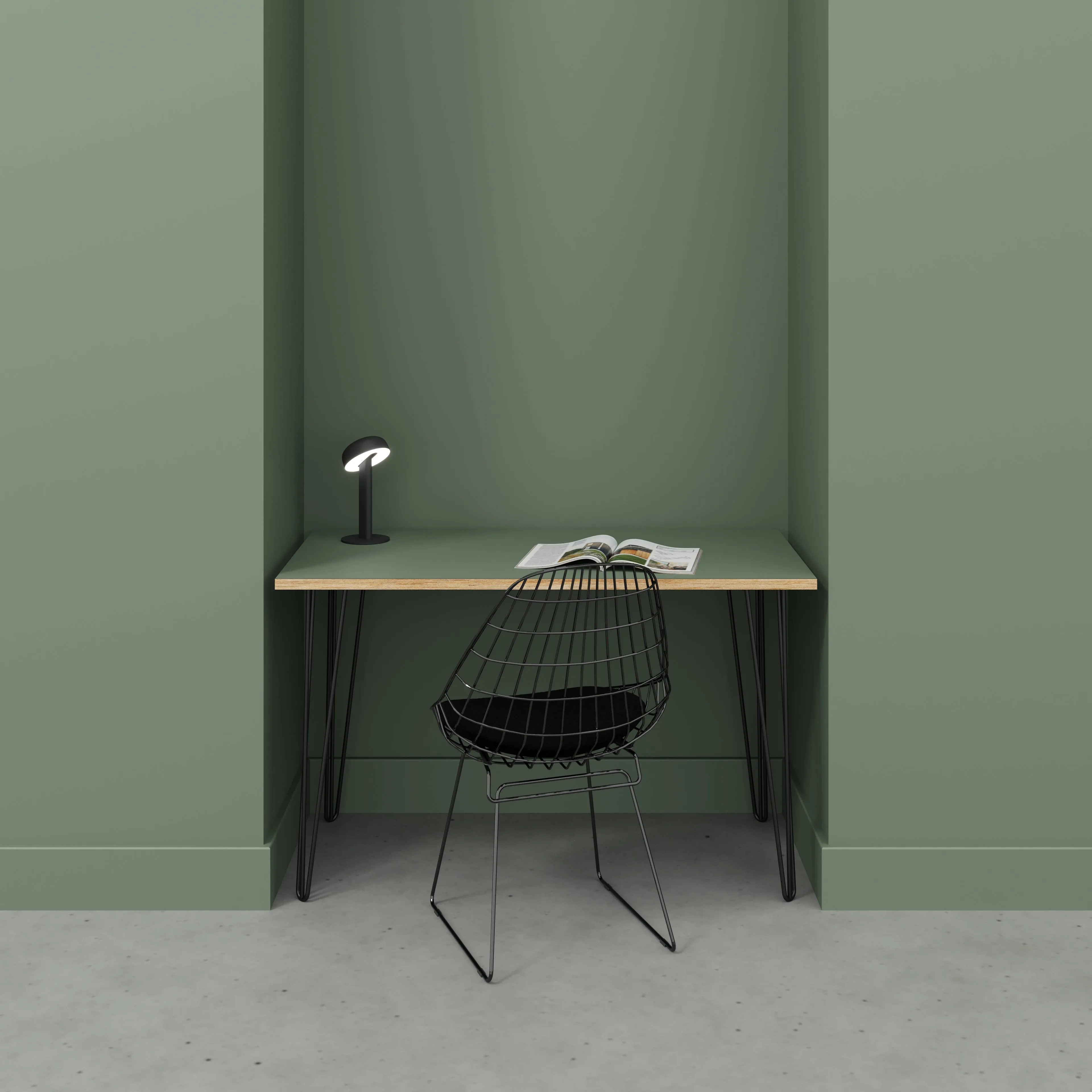 Plywood Desk with Black Hairpin Legs - Formica Green Slate - 1200(w) x 600(d) x 735(h)