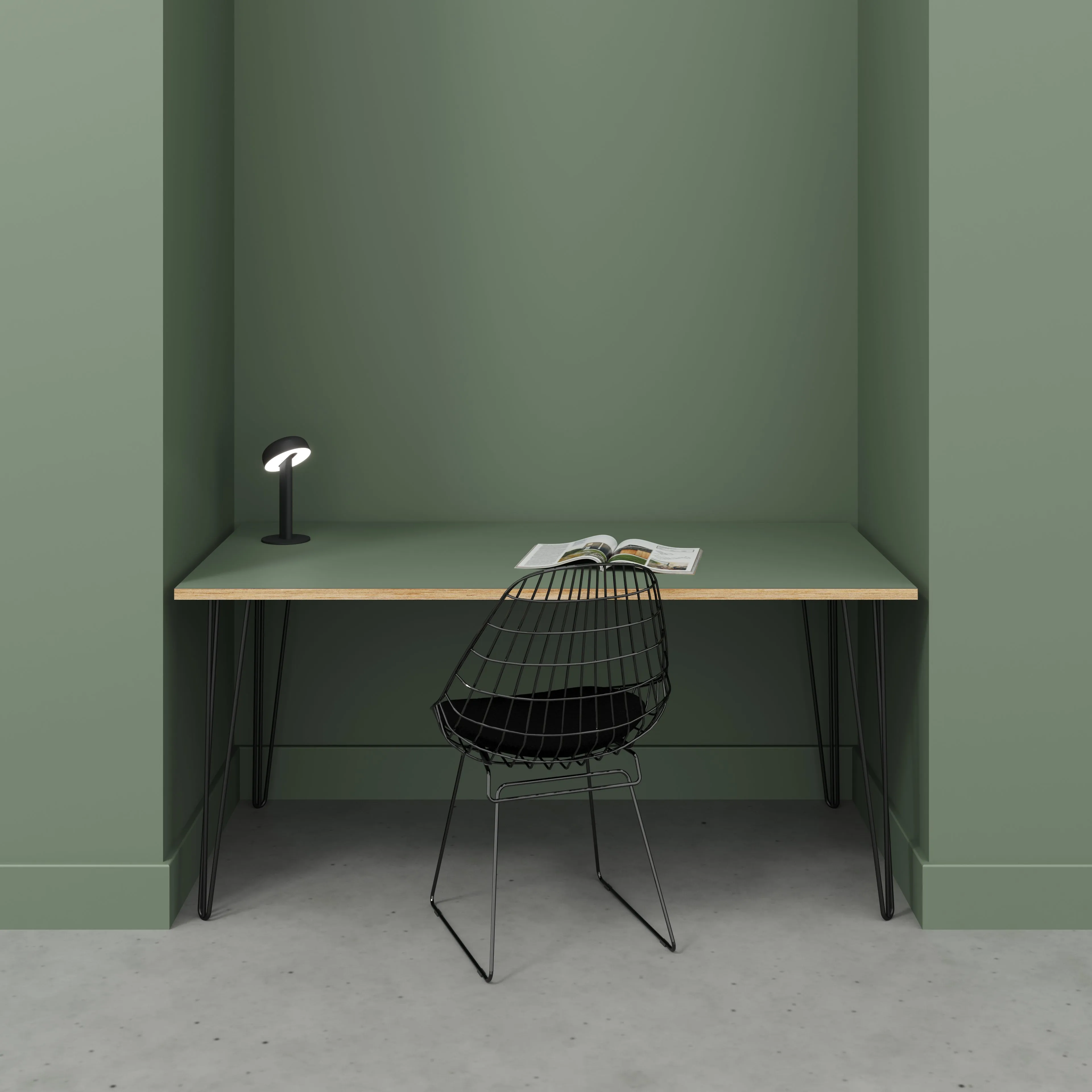 Plywood Desk with Black Hairpin Legs - Formica Green Slate - 1600(w) x 800(d) x 735(h)