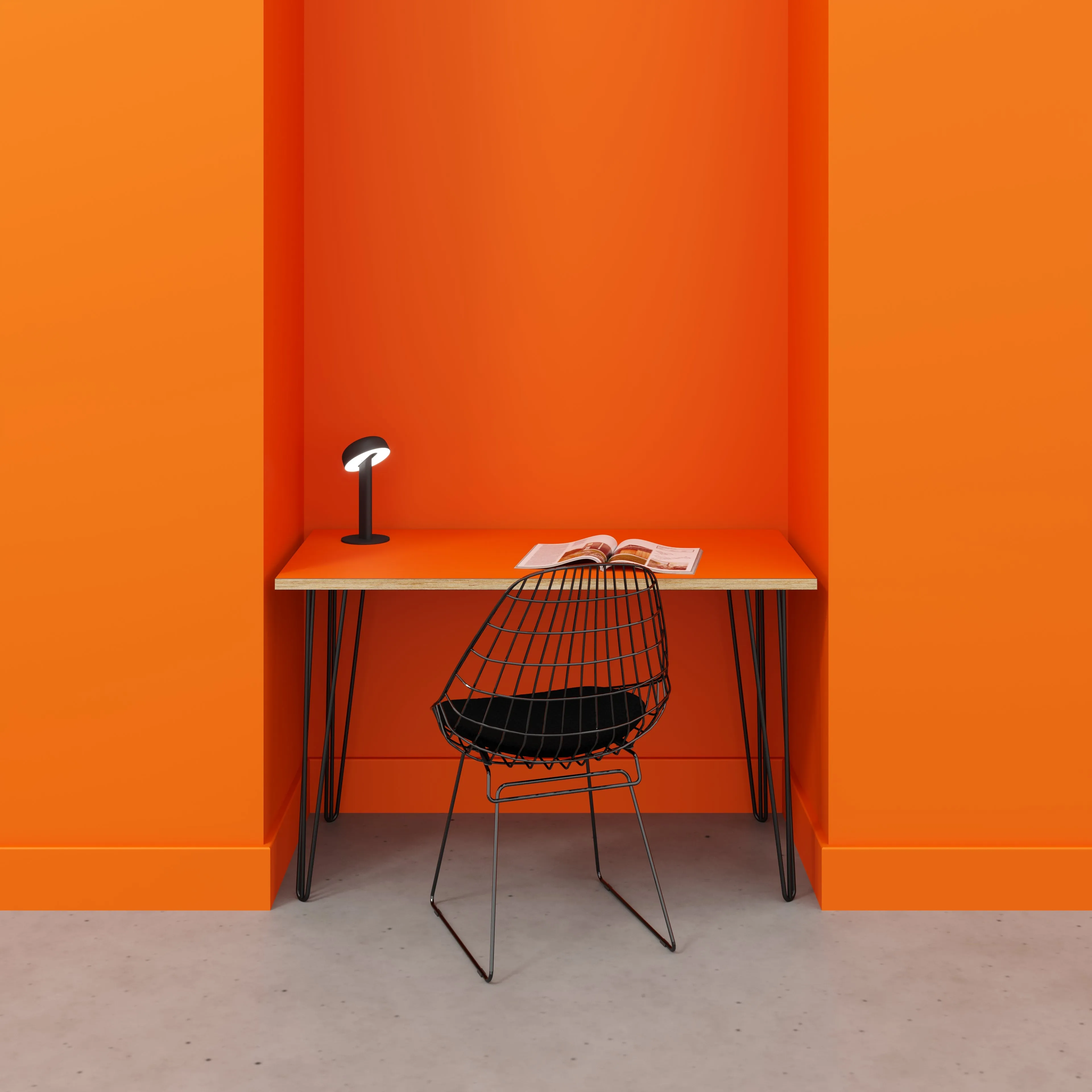 Plywood Desk with Black Hairpin Legs - Formica Levante Orange - 1200(w) x 600(d) x 735(h)