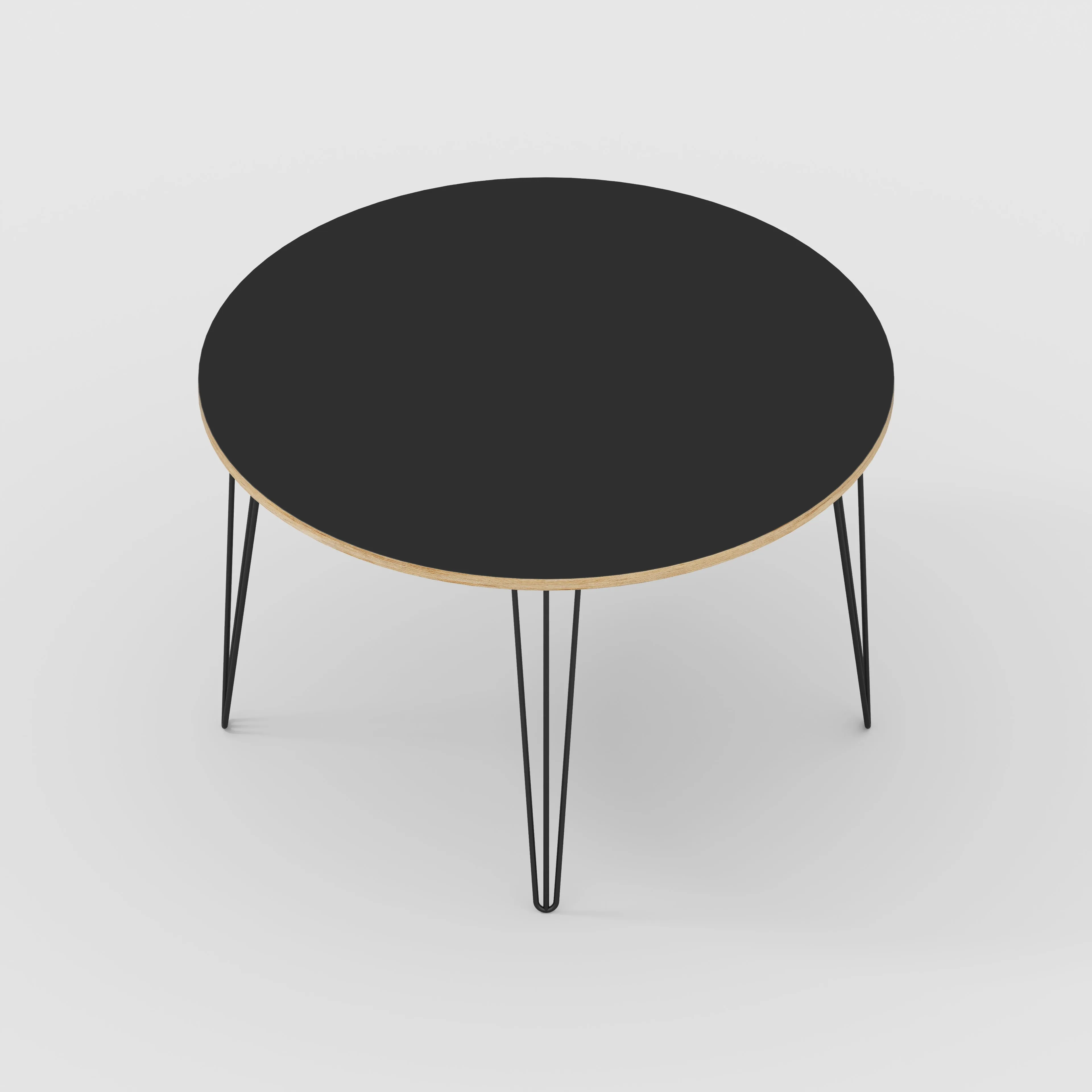 Plywood Round Table with Black Hairpin Legs - Formica Diamond Black - 1200(dia) x 735(h)