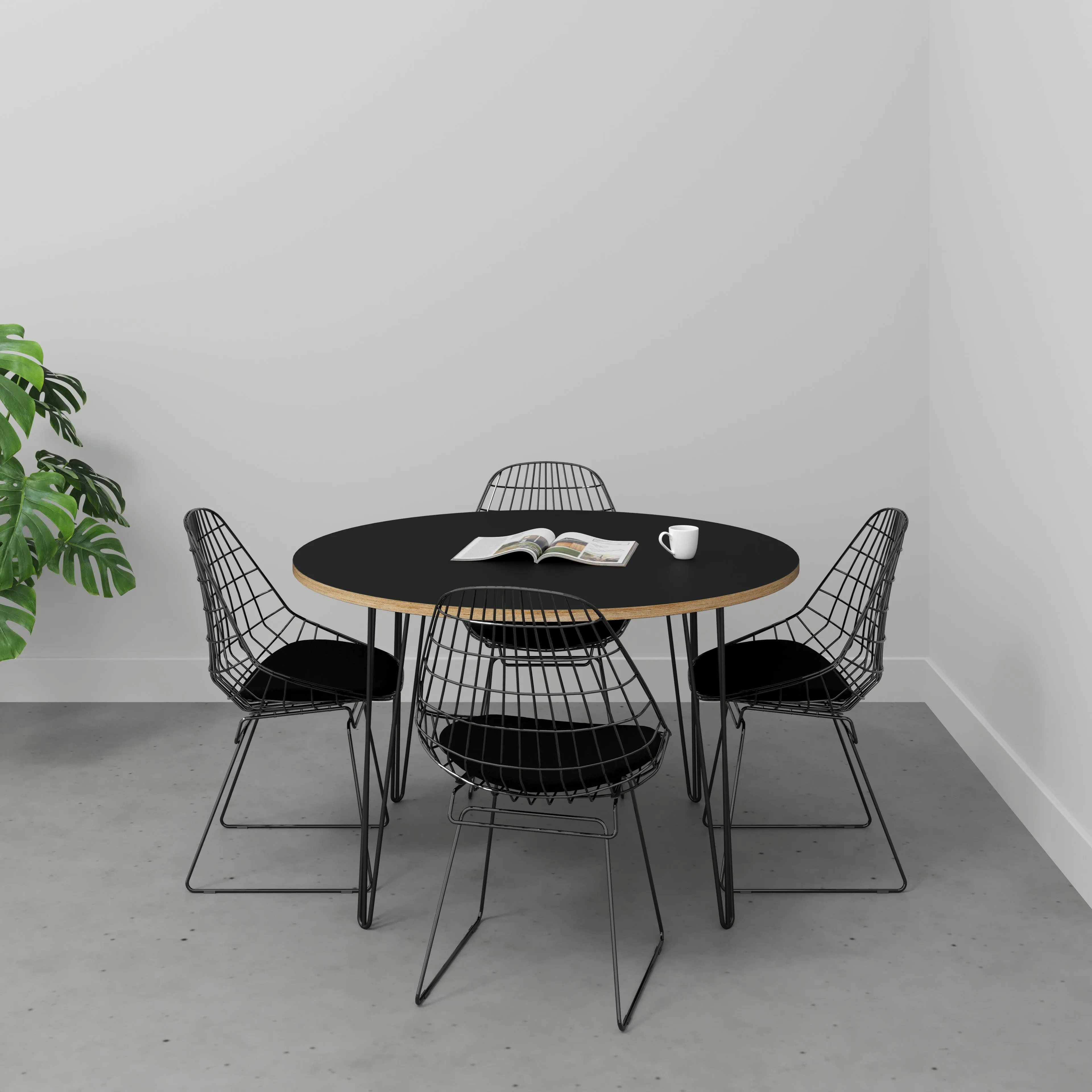 Plywood Round Table with Black Hairpin Legs - Formica Diamond Black - 1200(dia) x 735(h)