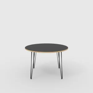 Plywood Round Table with Black Hairpin Legs - Formica Diamond Black - 1200(dia) x 735(h)