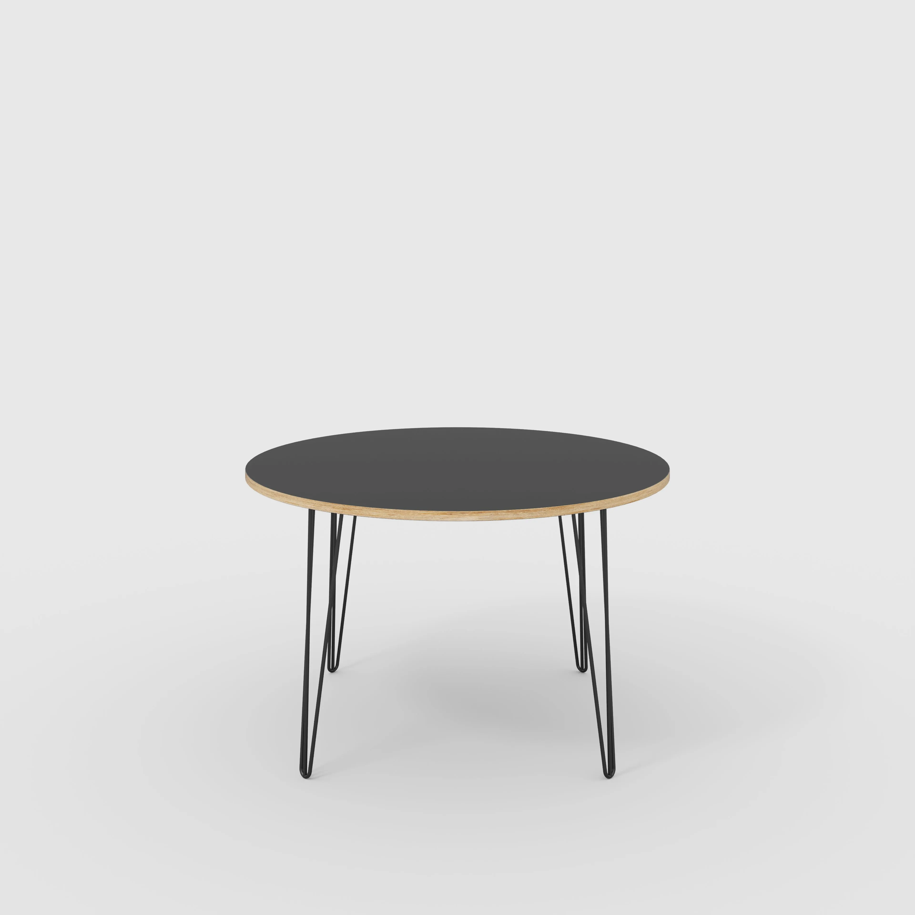 Plywood Round Table with Black Hairpin Legs - Formica Diamond Black - 1200(dia) x 735(h)