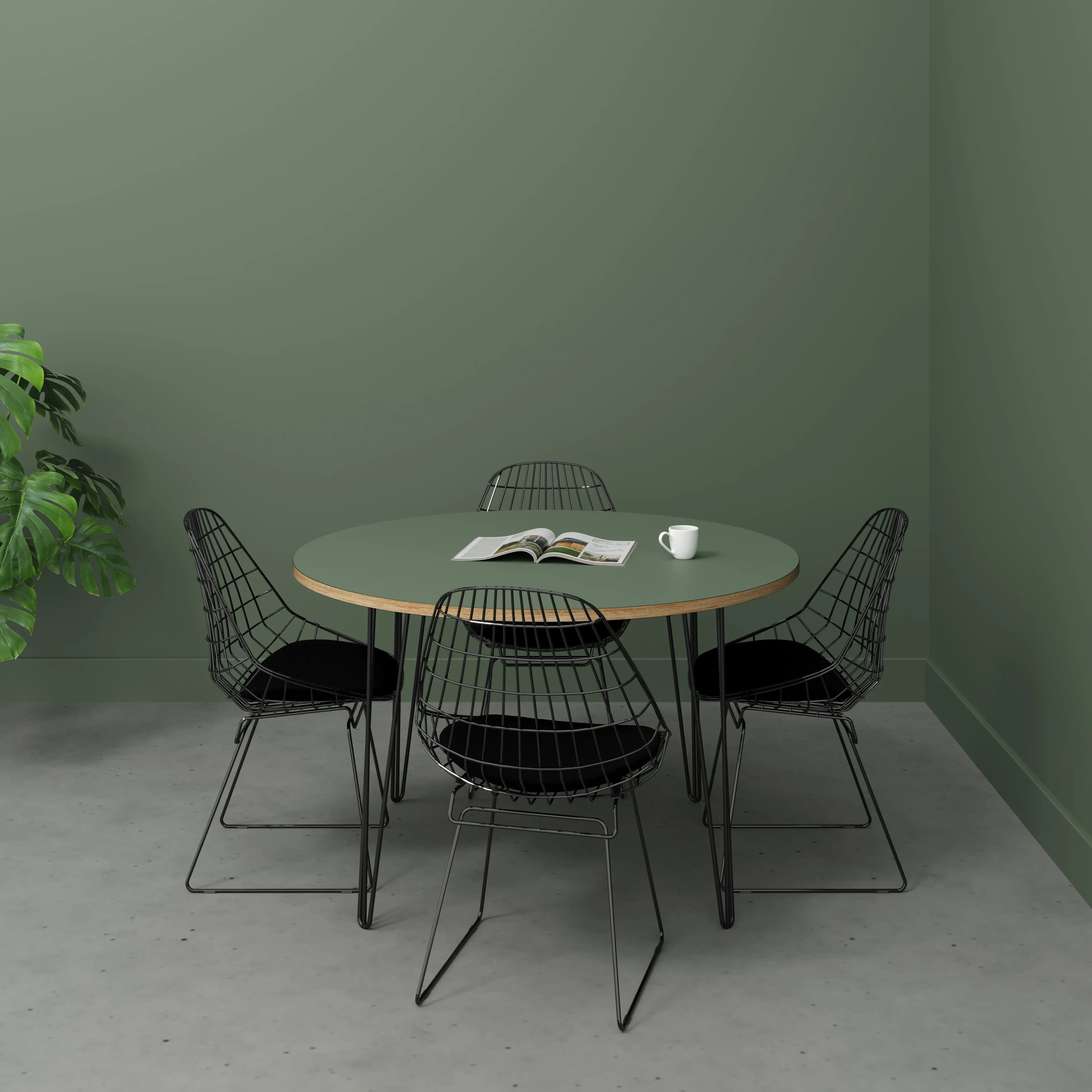 Plywood Round Table with Black Hairpin Legs - Formica Green Slate - 1200(dia) x 735(h)