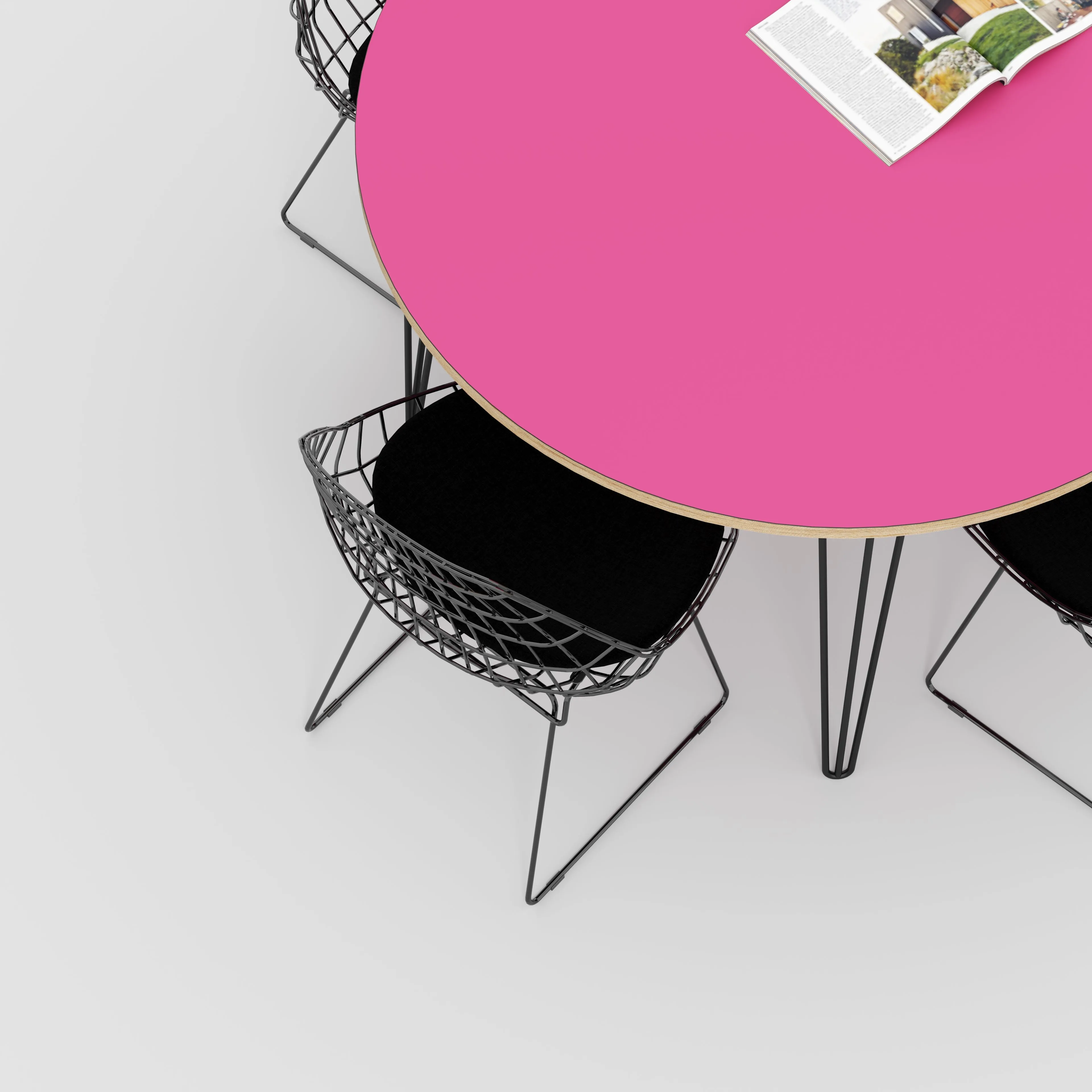 Plywood Round Table with Black Hairpin Legs - Formica Juicy Pink - 1200(dia) x 735(h)