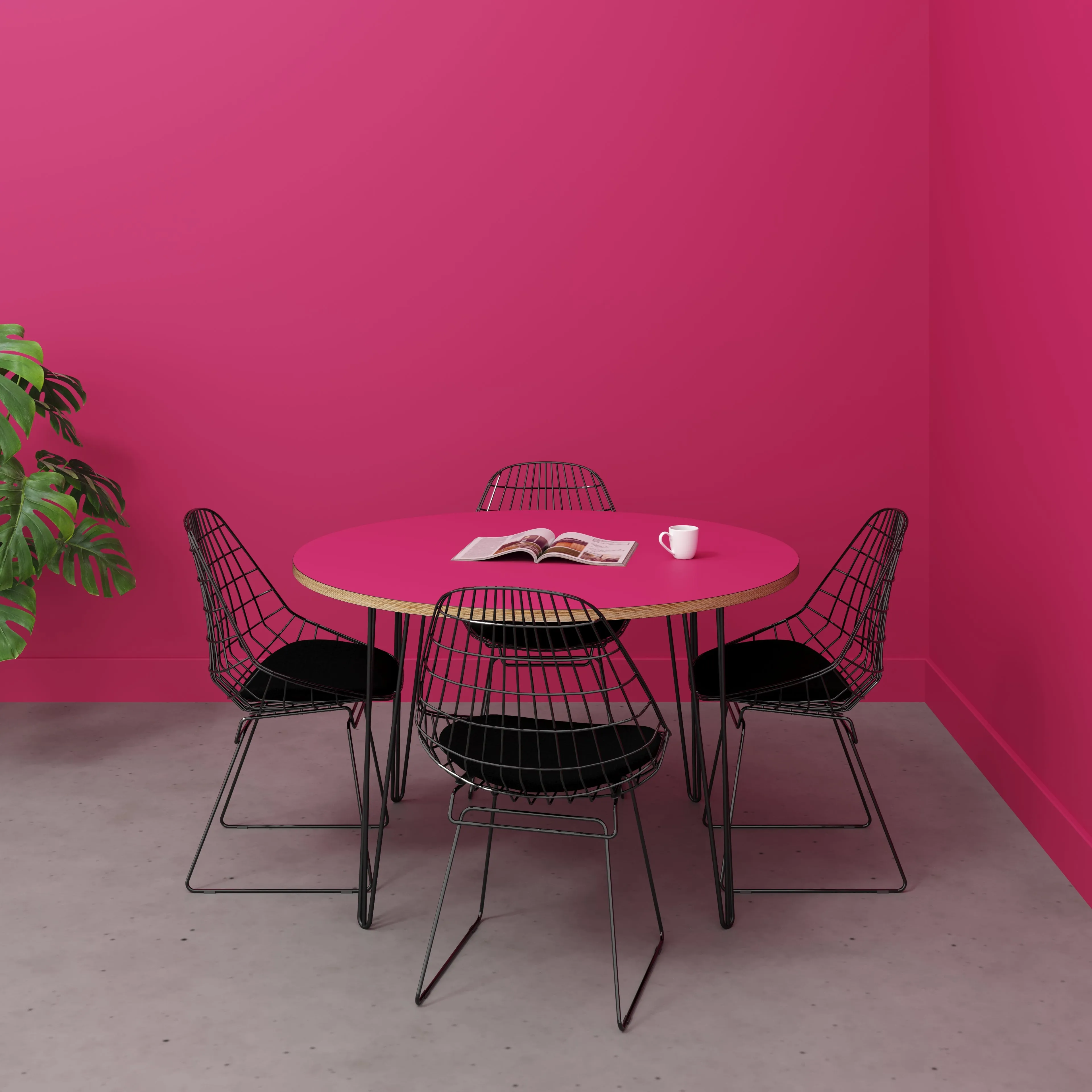 Plywood Round Table with Black Hairpin Legs - Formica Juicy Pink - 1200(dia) x 735(h)