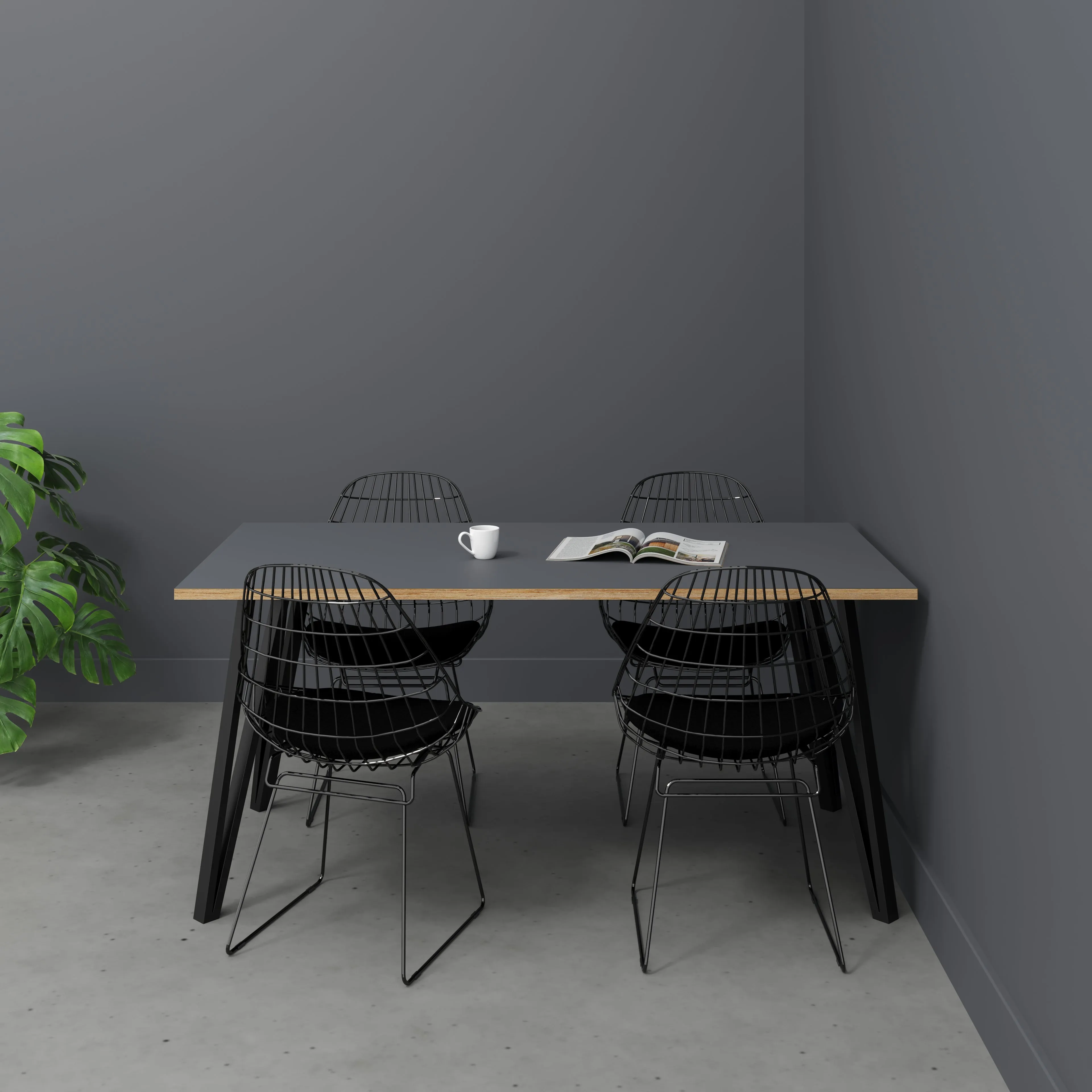 Plywood Table with Black Box Hairpin Legs - Formica Tornado Grey - 1600(w) x 800(d) x 735(h)