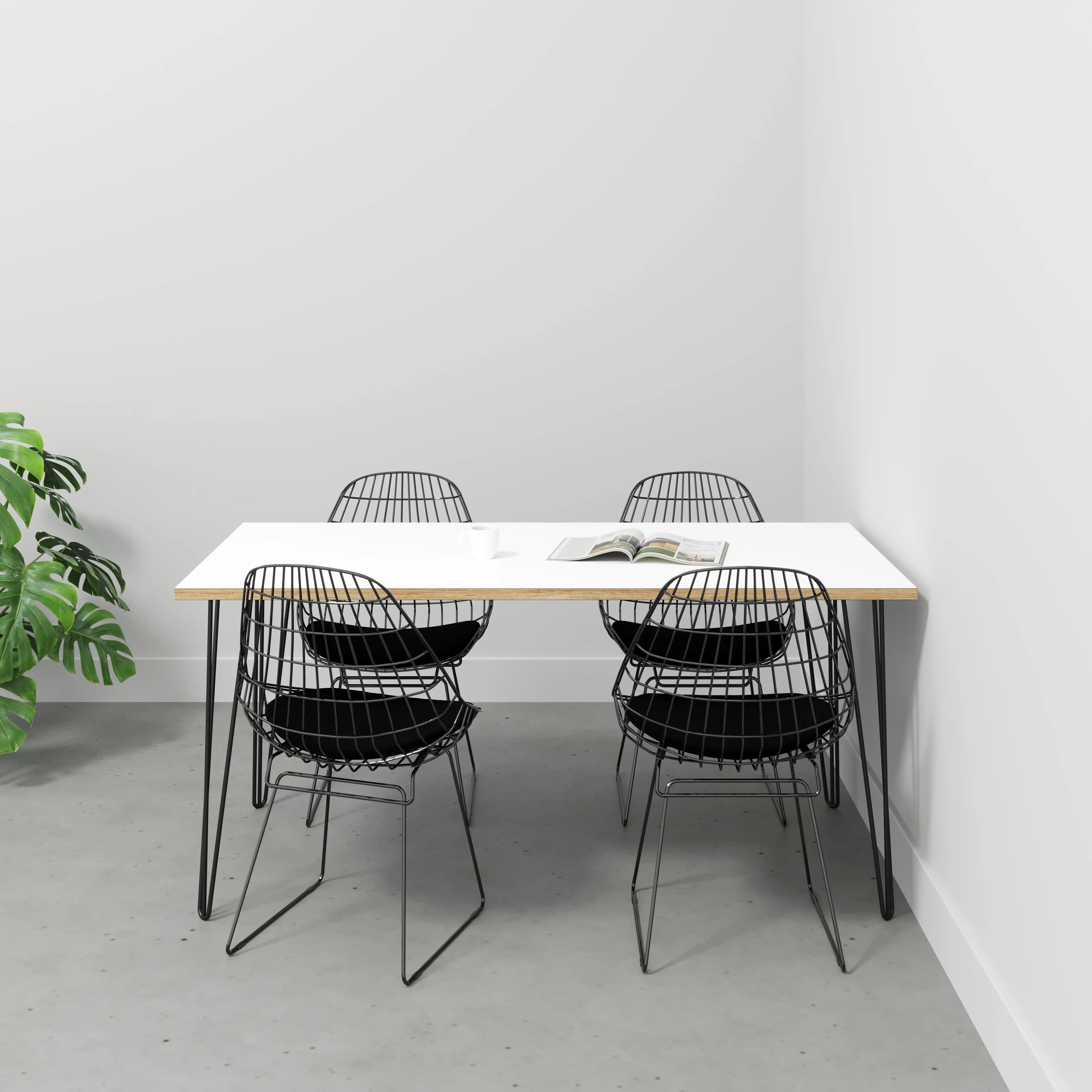 Plywood Table with Black Hairpin Legs - Formica White - 1600(w) x 800(d)