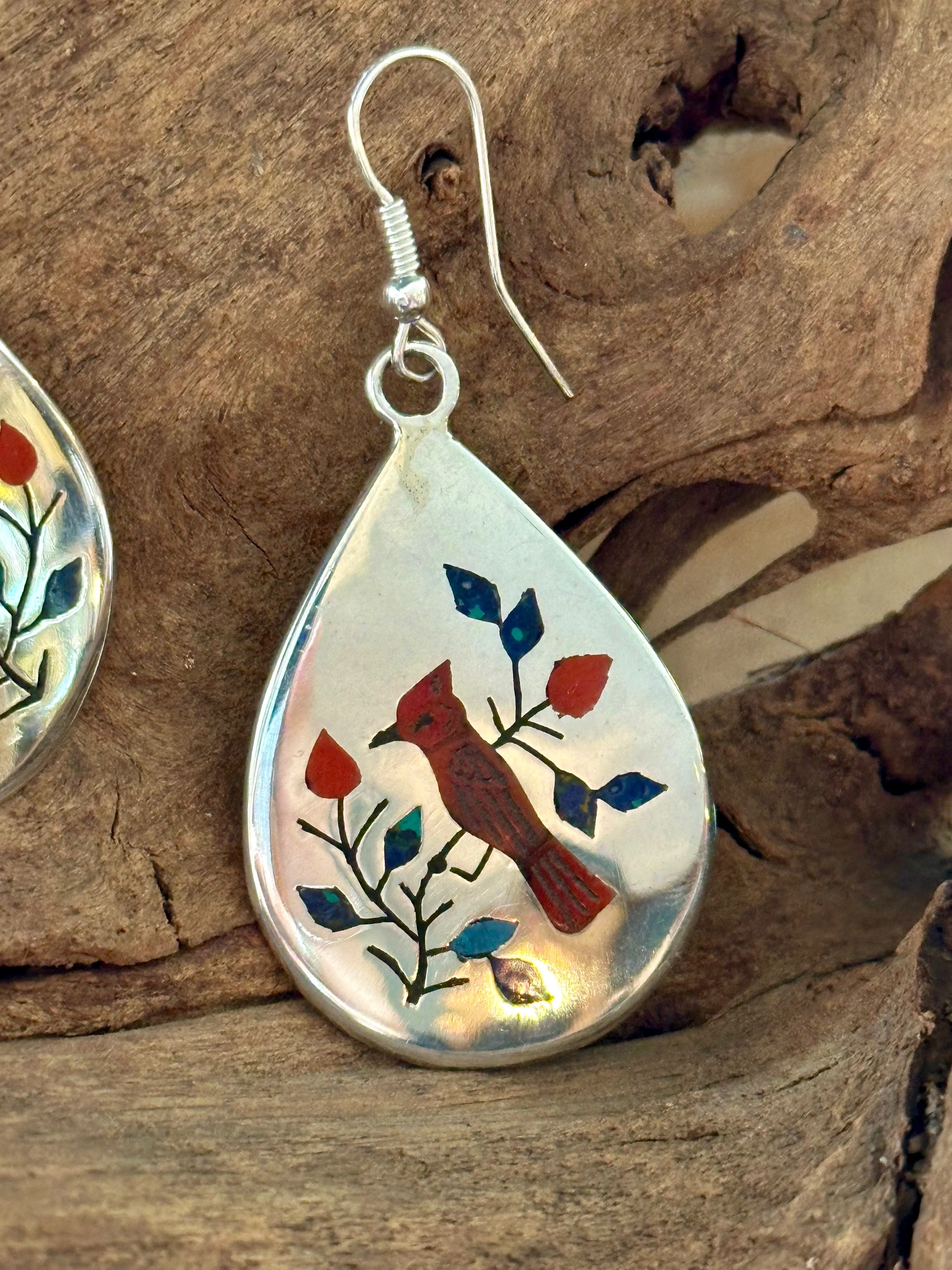 RAYMOND BOYD Navajo, Cardinal Multi-Stone Inlay Sterling Silver Dangle Earrings