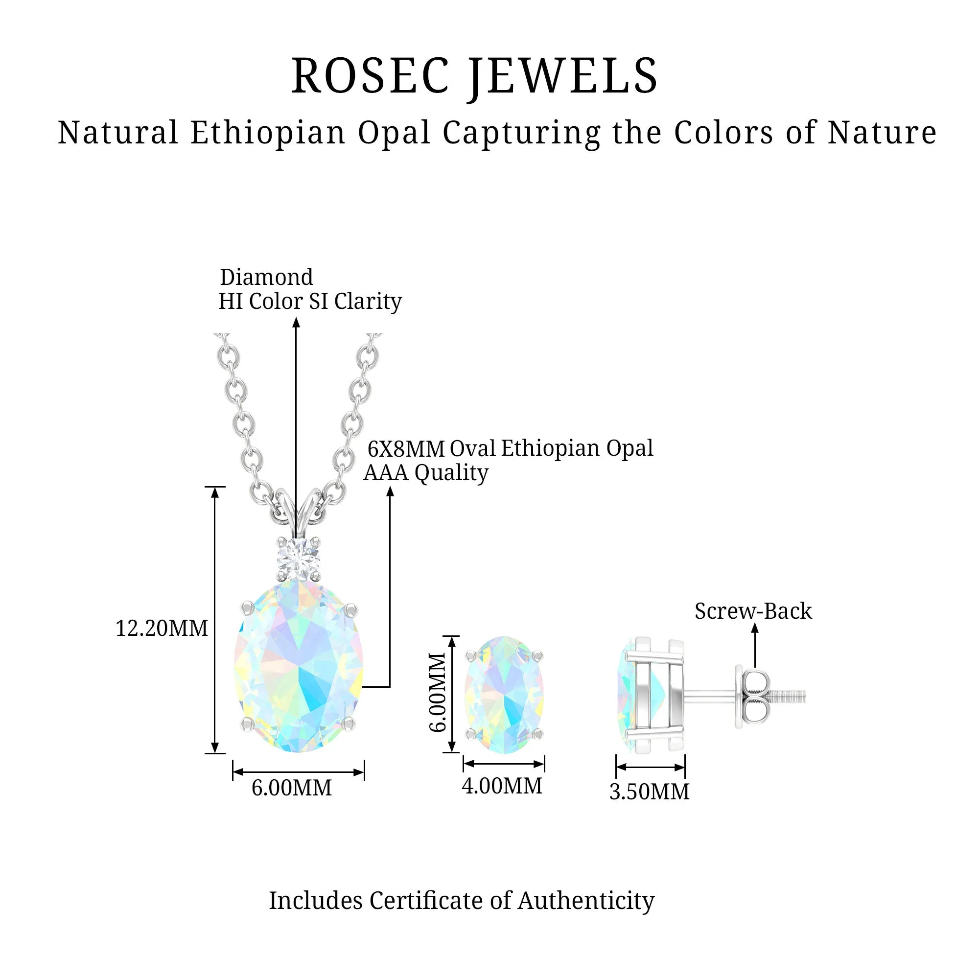 Real Ethiopian Opal Solitaire Jewelry Set with Diamond