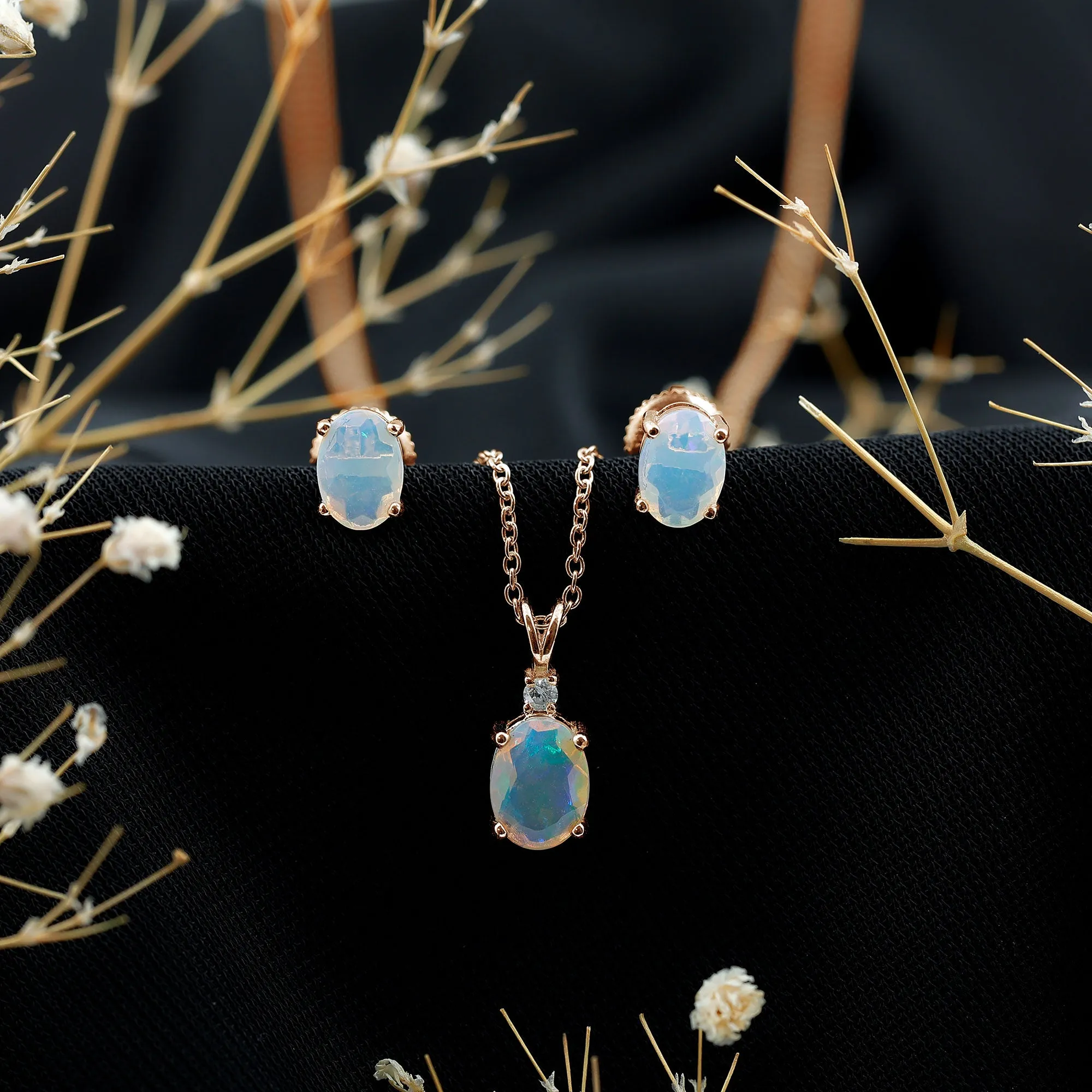 Real Ethiopian Opal Solitaire Jewelry Set with Diamond