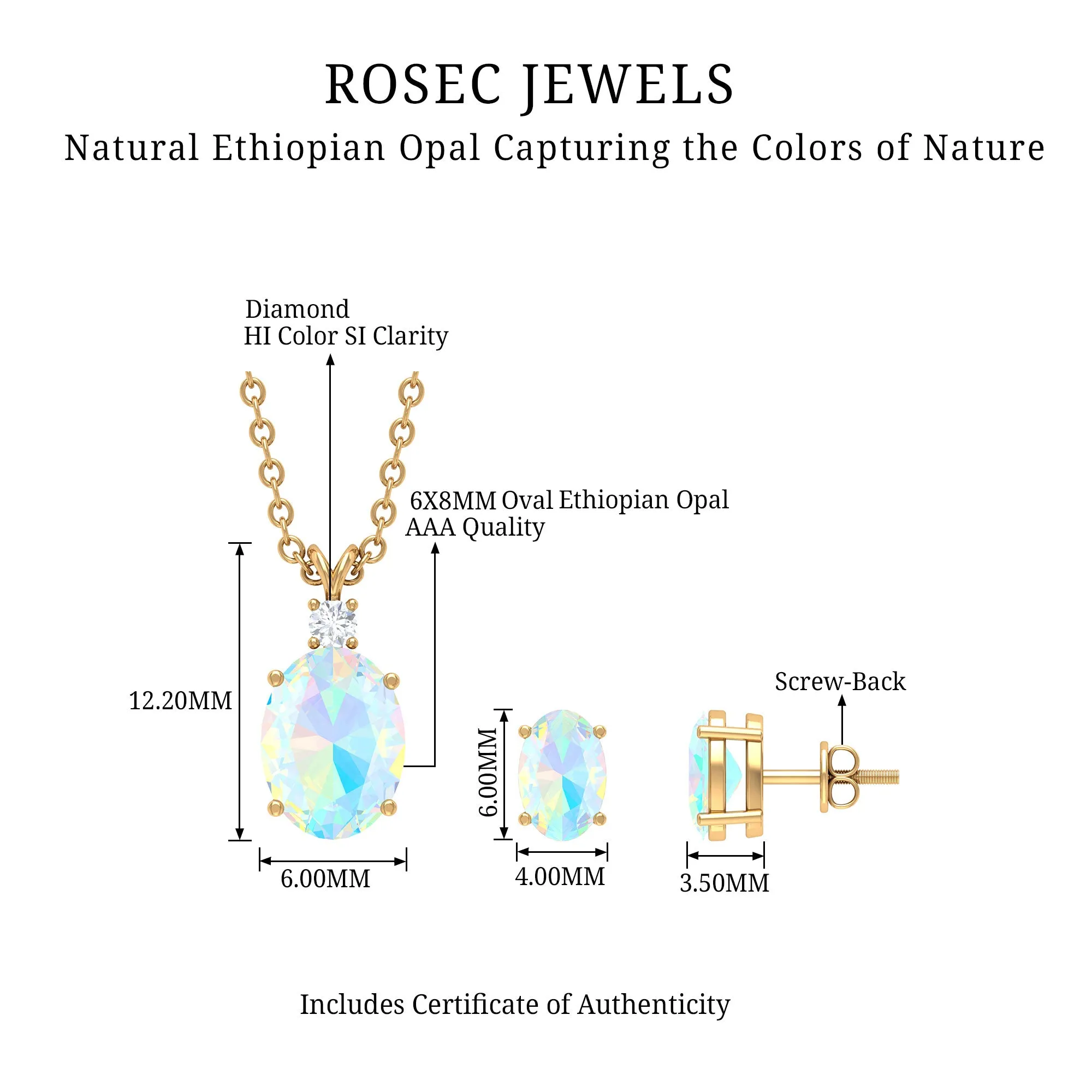 Real Ethiopian Opal Solitaire Jewelry Set with Diamond