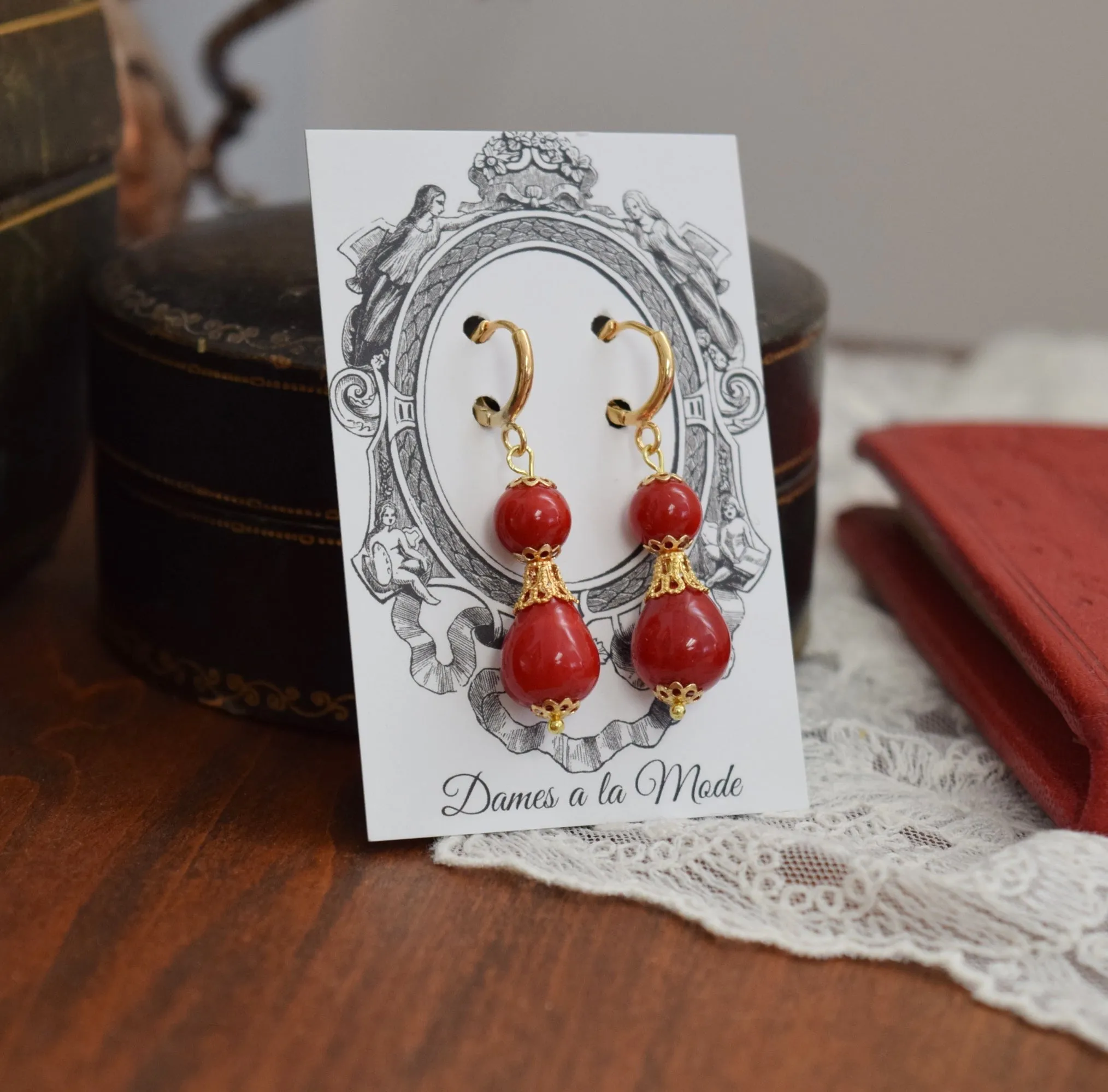 Red Coral and Filigree Teardrop Earrings